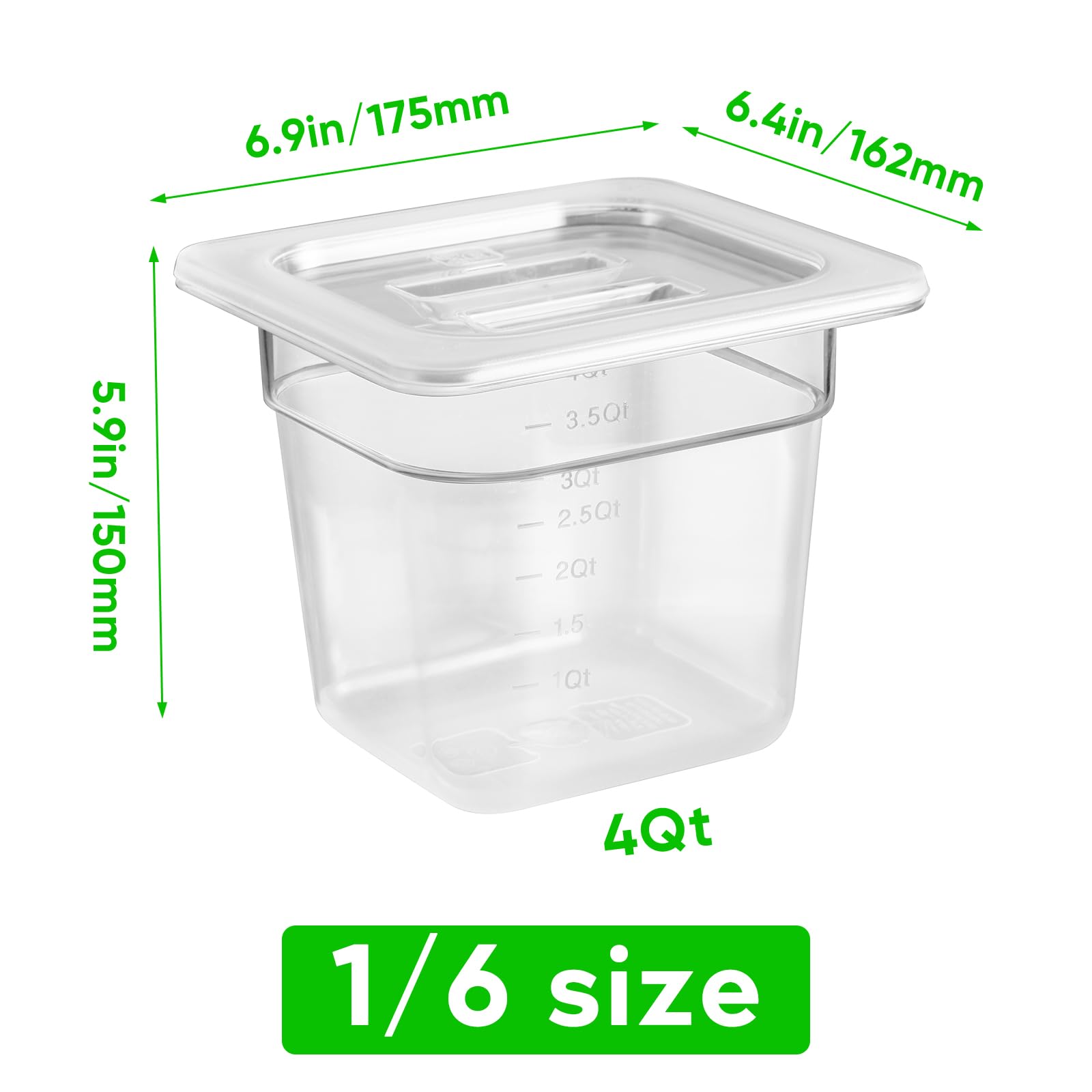 6 Pack 1/6 Size 6-Inch Deep Clear Food Pans with Lids - Commercial Grade Polycarbonate Transparent Food Storage Containers - Stackable Plastic Pans with Capacity Scale - Perfect for Restaurants, Catering & Food Prep