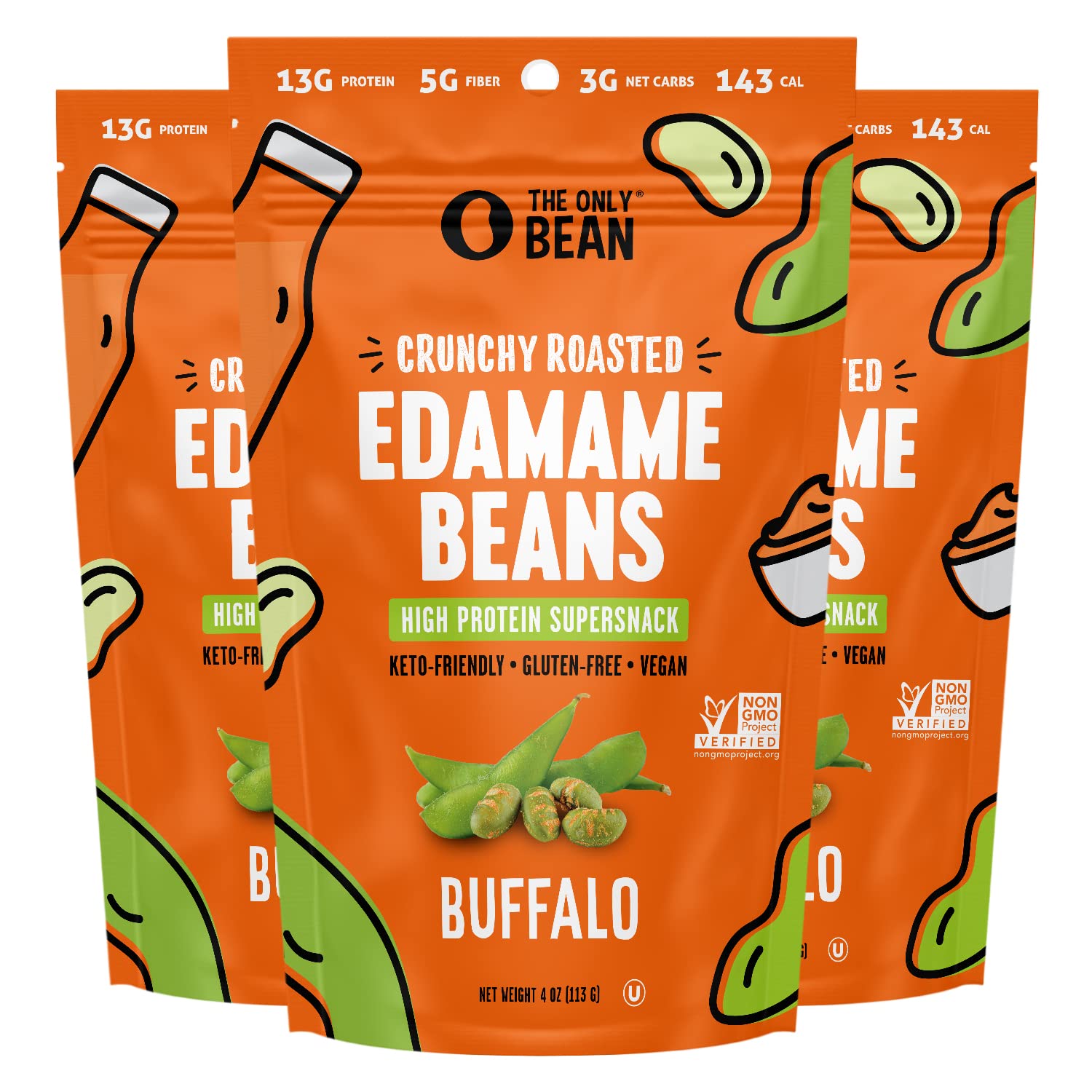 Crunchy Roasted Edamame Beans (Buffalo Flavor) - Keto, Vegan, Gluten-Free, Low Carb High Protein Snacks for Adults & Kids - Healthy On-the-Go Snack for Work, School, Hiking & Road Trips - 4oz (3 Pack)