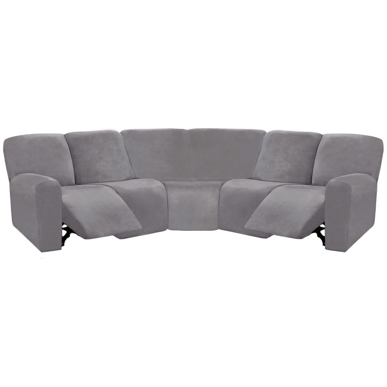 ULTICOR 7-Piece L-Shaped Recliner Sofa Cover - Velvet Stretch Couch Cover for Sectional Reclining Sofa - Soft Washable Furniture Protector (Light Gray, Fits 5-Seat L-Shaped Recliners) - Perfect for Living Room, Home Theater & Family Gatherings