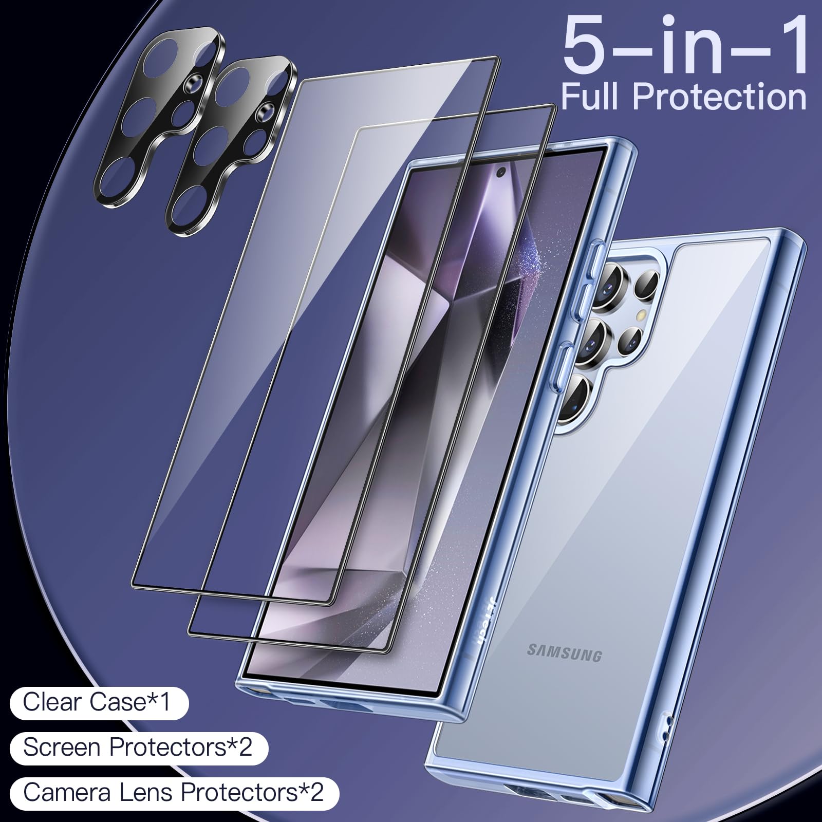 JETech 5-in-1 Protective Case for Samsung Galaxy S24 Ultra 5G - Includes 2 Tempered Glass Screen Protectors & Camera Lens Protector | Shockproof, Non-Yellowing Bumper Phone Cover (Titanium Blue) | Perfect for Outdoor Activities, Work & Travel Protection