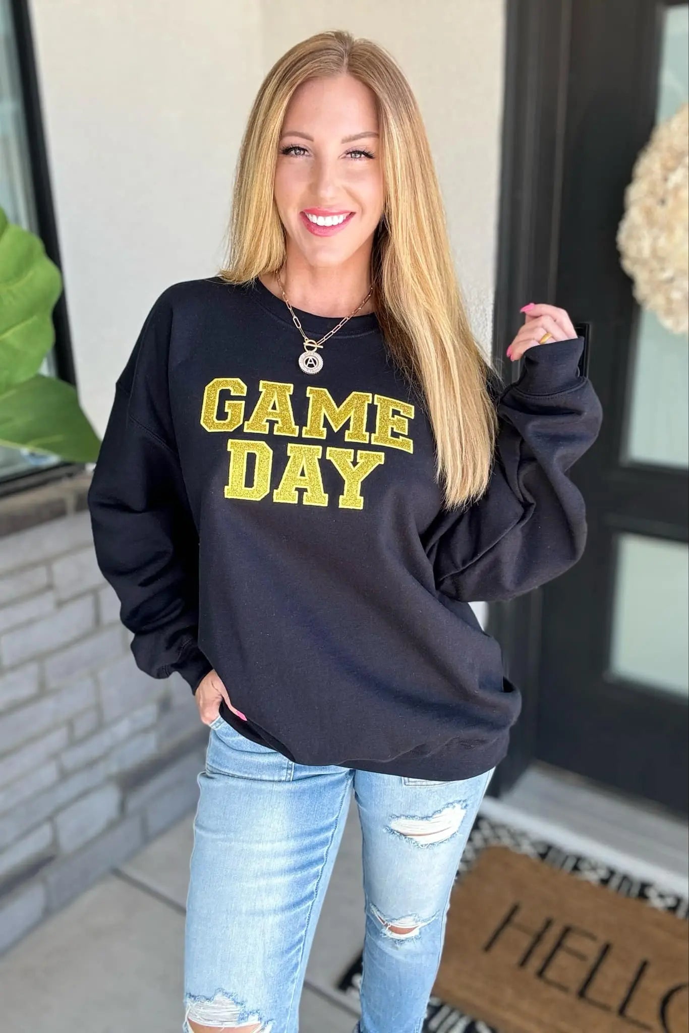 PREORDER: Embroidered Glitter Game Day Sweatshirt - Black & Gold Pullover for Football Fans | Perfect for Tailgating, Sports Events & Casual Wear