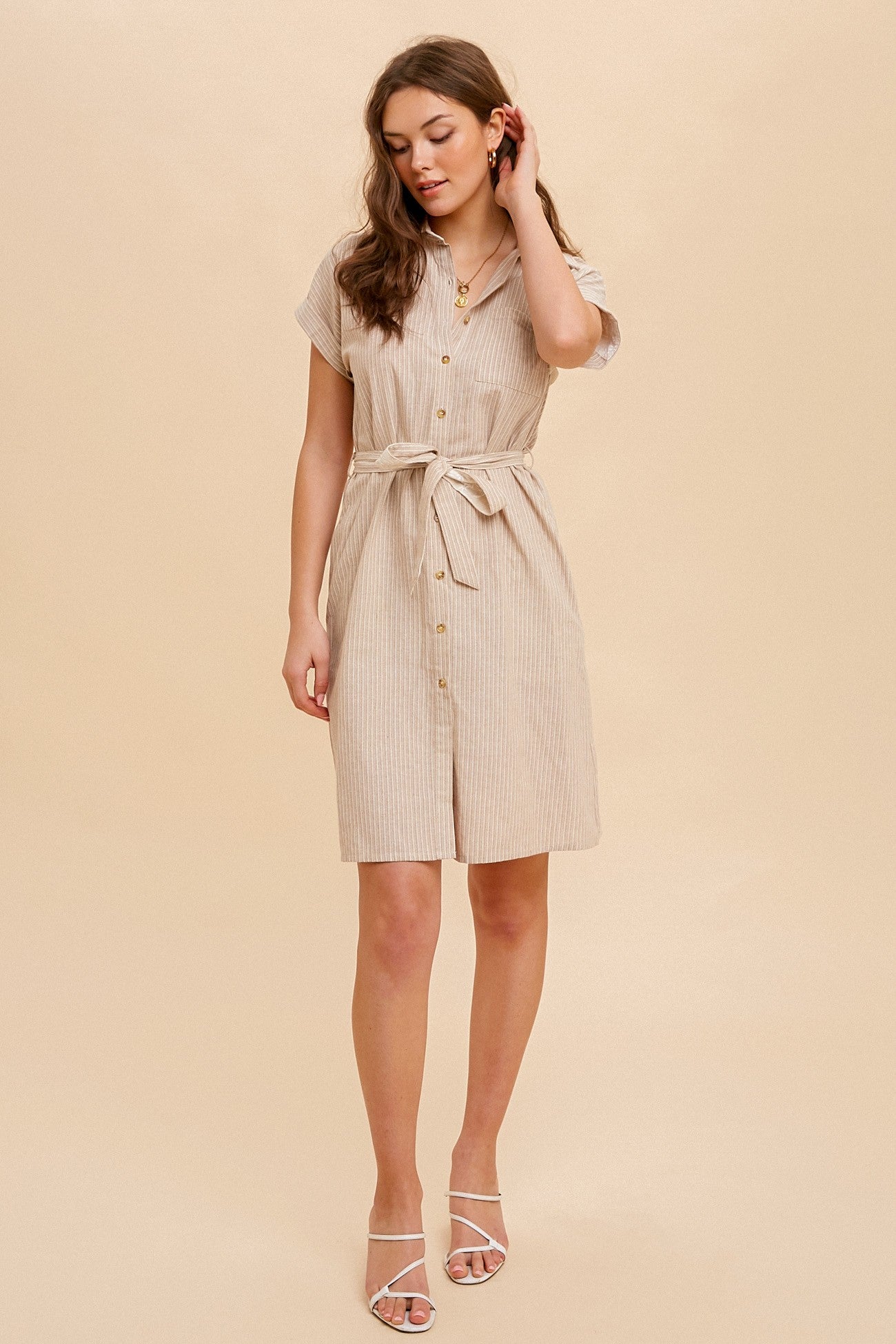 Beige Pin Stripe Belted Shirt Dress for Women - Stylish Office & Casual Wear - Perfect for Work, Dates & Everyday Outfits