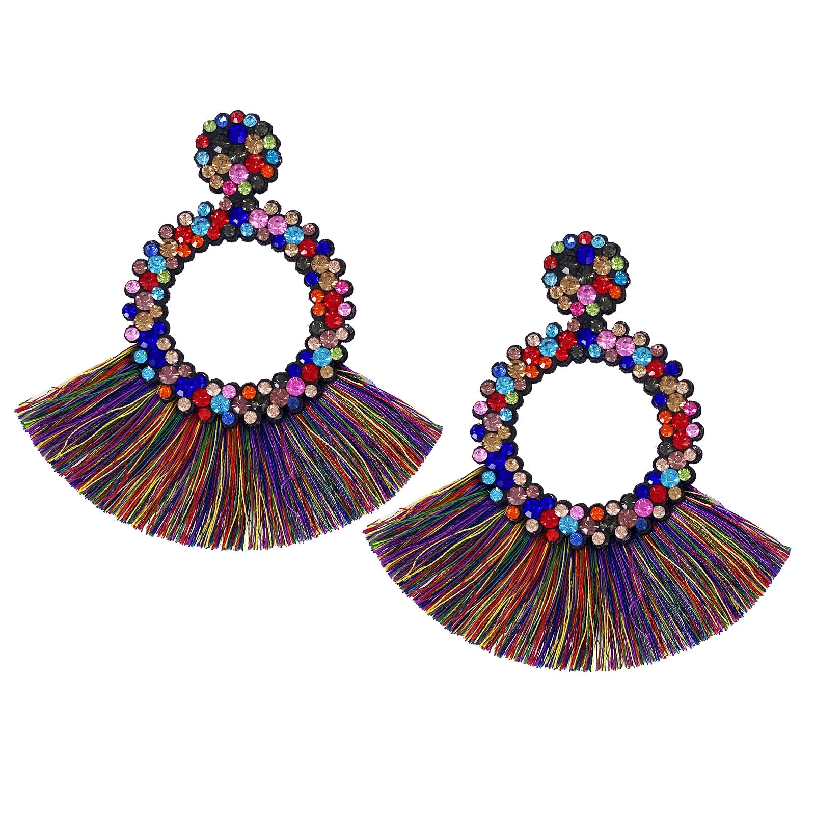 Boho Crystal Tassel Earrings for Women - Sparkly Scalloped Cotton Thread Statement Earrings 3.34