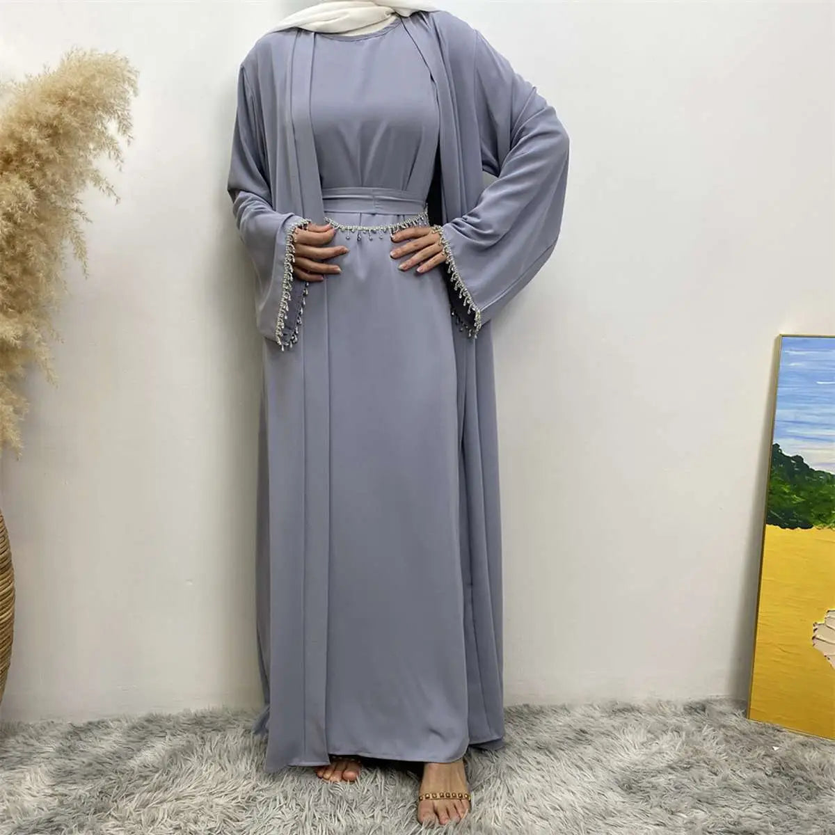 2-Piece Rhinestone Open Abaya Dress Set with Inner Sleeveless Dress & Belt - Elegant Muslim Fashion for Weddings, Parties & Special Occasions