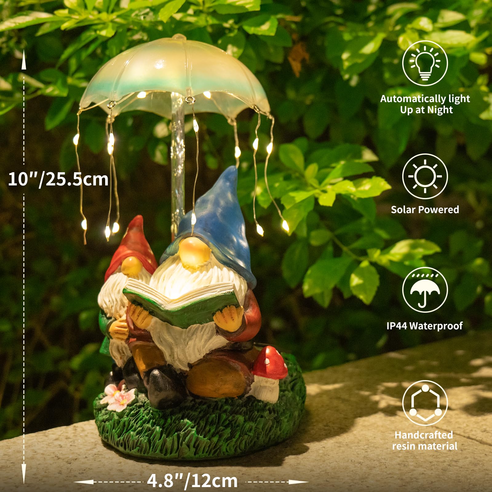 Solar Powered Garden Gnomes Statues - Outdoor Decor Resin Figurines with Umbrella Fireworks Lights - Perfect for Lawn, Patio, Backyard & Garden Decoration