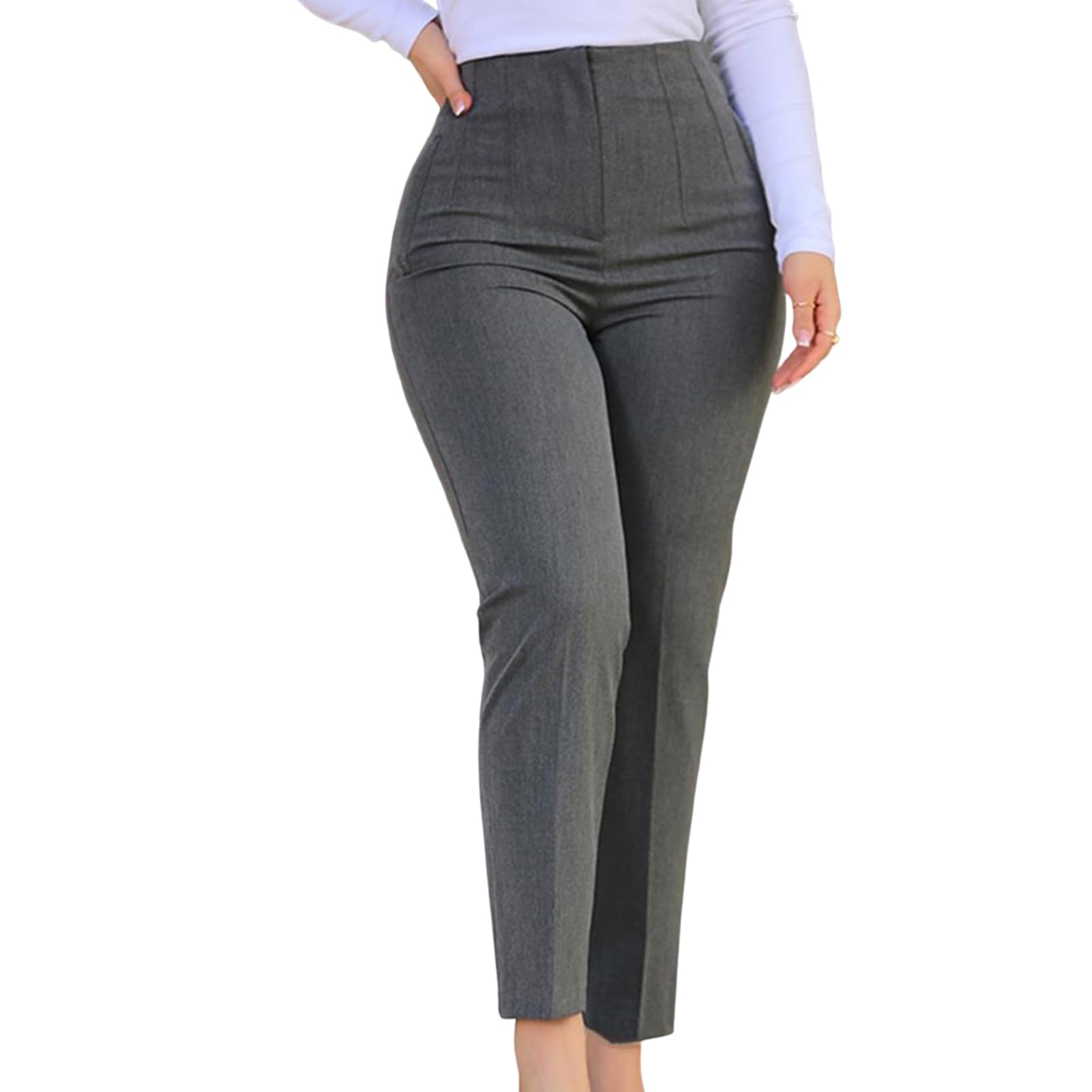 High Waist Pleated Office Pants for Women - Solid Color Straight Leg Work Trousers with Pockets, 9th Length - Perfect for Business Casual, Office Wear & Professional Outfits