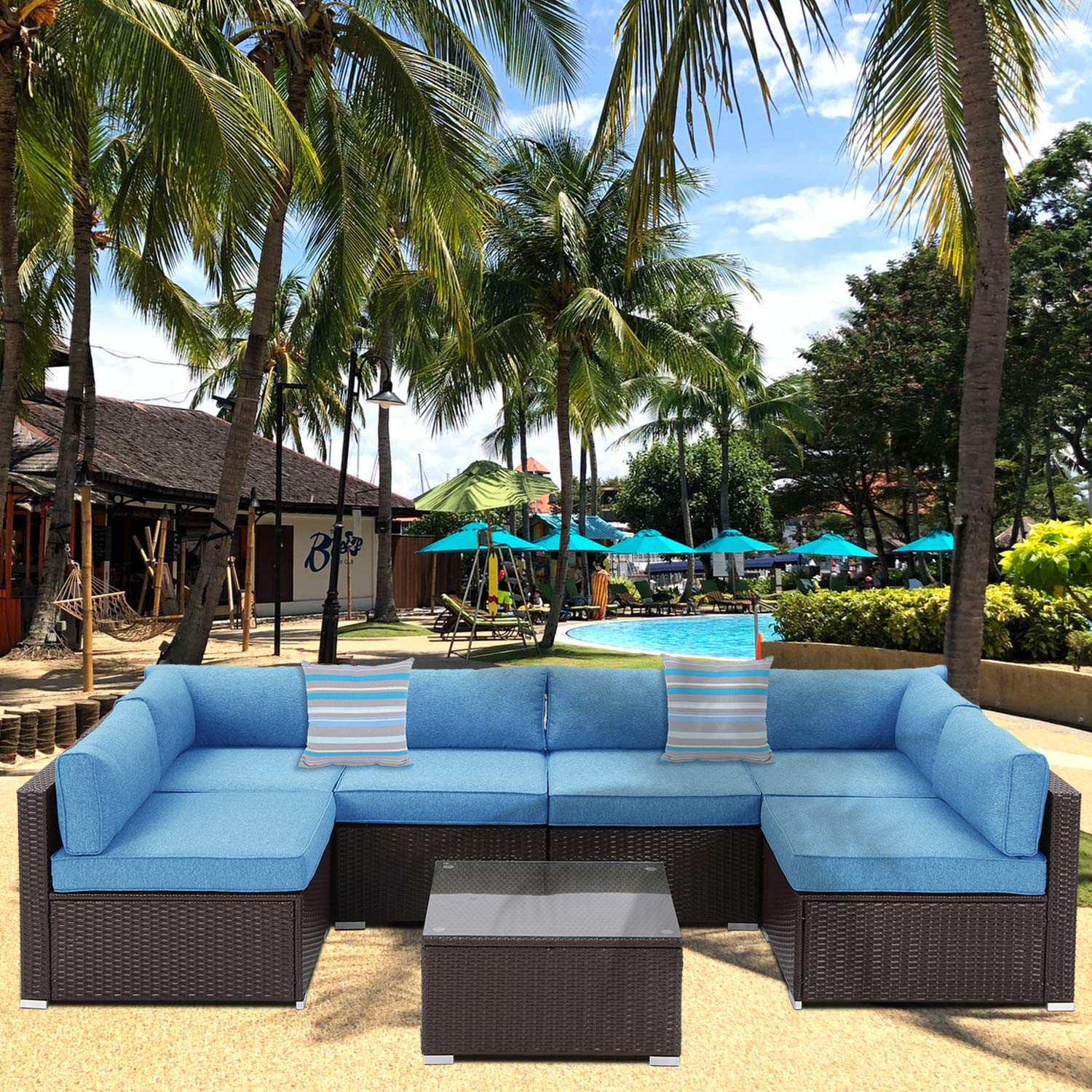 AQUILLA 7-Piece Espresso Brown Wicker Outdoor Sectional Sofa Set with 2 Pillows & Denim Blue Cushions - Patio Furniture with Tempered Glass Coffee Table & Waterproof Cover - Perfect for Backyard, Garden, Poolside, and Outdoor Lounge Areas