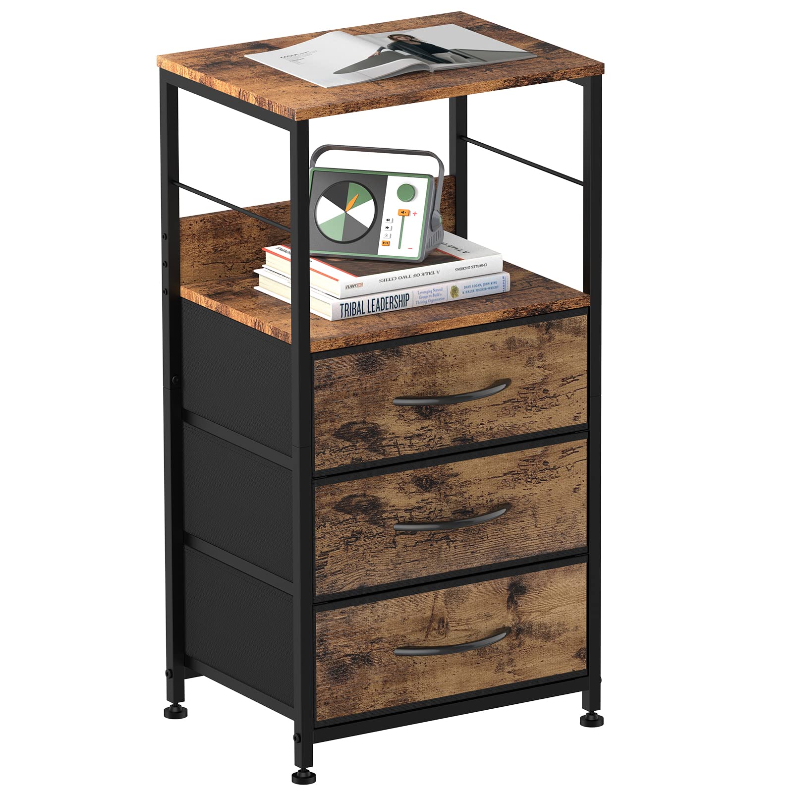 NOVIMANGO Industrial Nightstand with 2 Drawers & Fabric Storage Shelf - Rustic Brown & Black Bedside Table for Bedroom, Living Room, Dorm | Perfect for Small Spaces, Apartment Essentials & Home Organization