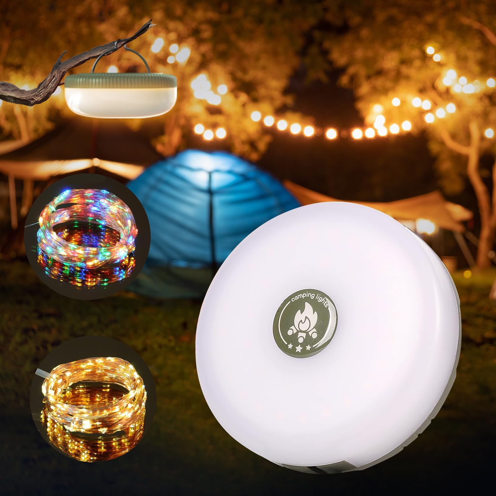 Rechargeable LED Camping String Lights - 4-in-1 Outdoor Lights with 8 Modes, IP44 Waterproof for Hiking, Backpacking, Tent, Yard & Christmas Decorations | Perfect for Camping, Emergency Lighting & Holiday Party Decor