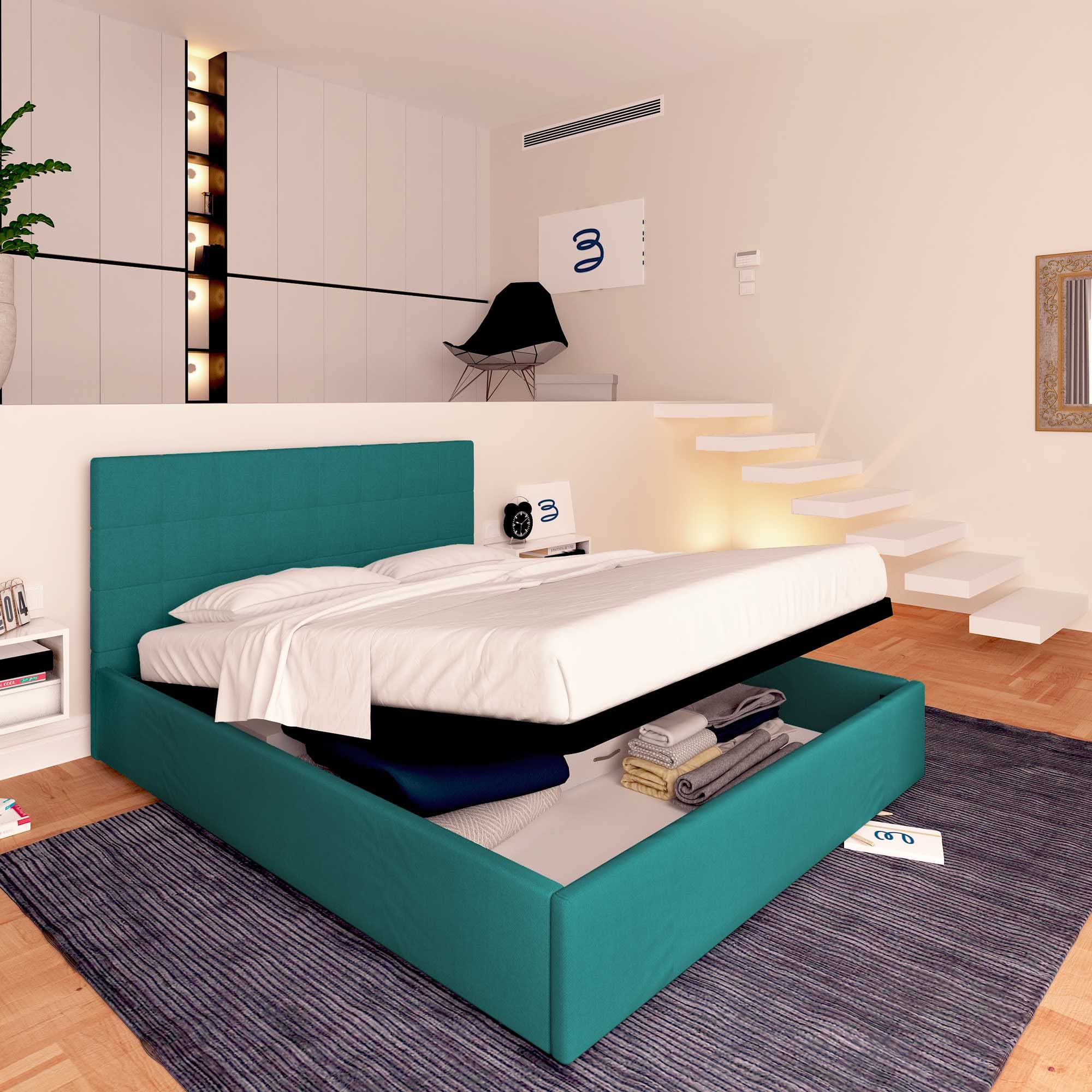 Baldiflex Square and Half Bed with Dublin Fabric Storage, Slatted Base for Square and Half Mattresses, 120 x 200 cm, Elegant Turquoise Headboard - Perfect for Small Bedrooms, Guest Rooms & Space-Saving Solutions