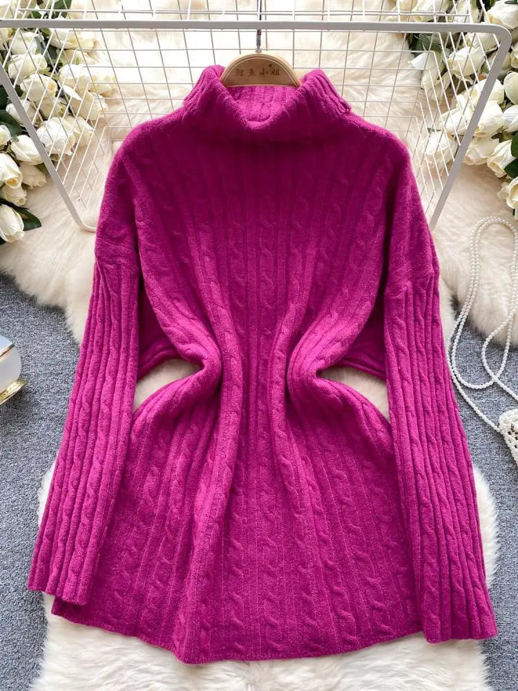 Women's Elegant High Neck Knit Sweater - Warm Winter Pullover with Long Sleeves, Loose Fit Crochet Top for Casual & Office Wear | Cozy Autumn Winter Fashion