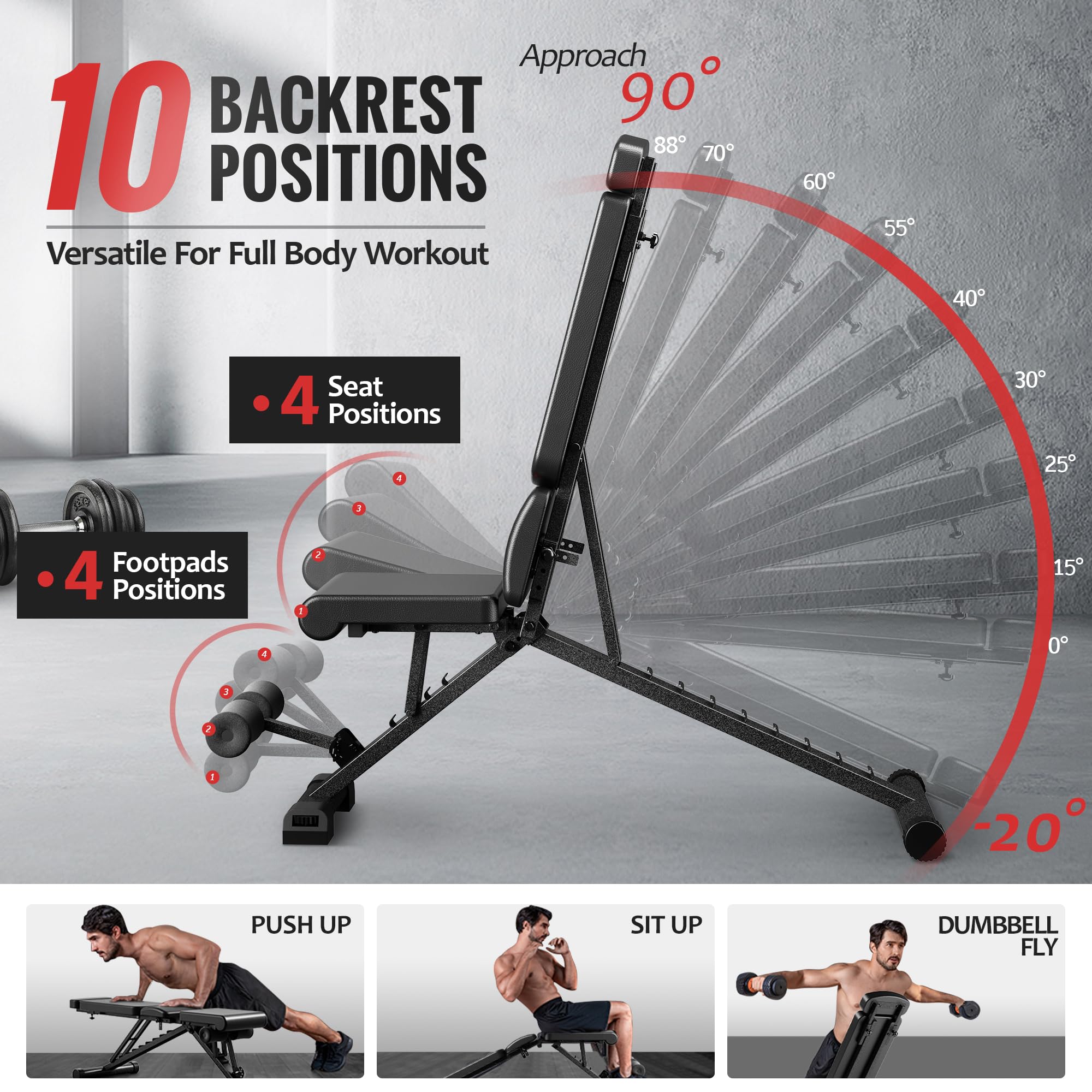 Adjustable Weight Bench for Home Gym - Foldable Workout Bench Press with Headrest, 800lb Capacity for Incline/Flat/Decline Exercises & Sit-Ups | Perfect for Strength Training, Bodybuilding & Home Workouts