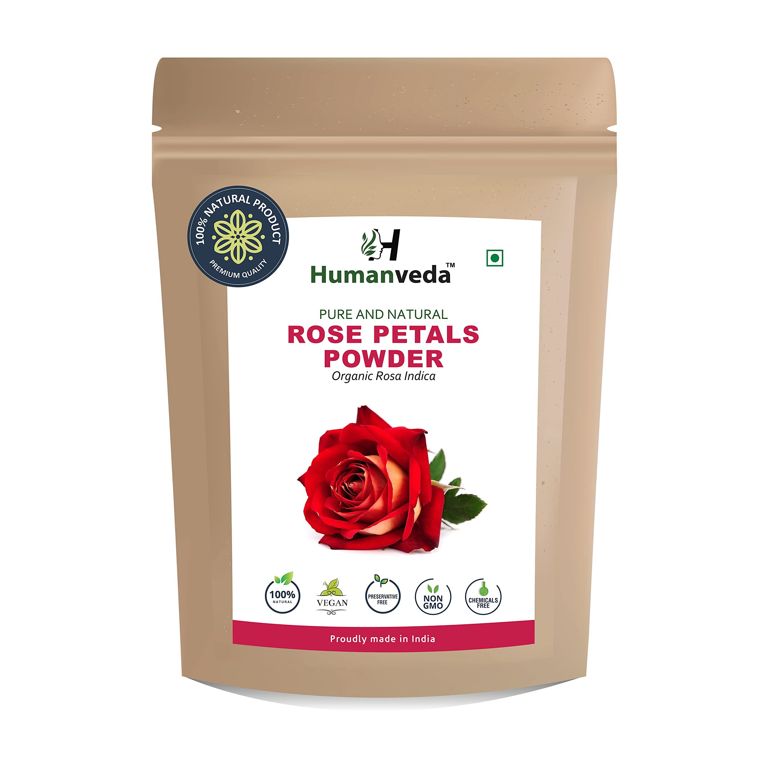 Humanveda 100% Natural Rose Petal Powder - 100g | Organic Face Mask for Skin Brightening, Tan Removal & Glow | Double Filtered Rose Extract | Perfect for DIY Spa, Bridal Care & Daily Skincare Routine