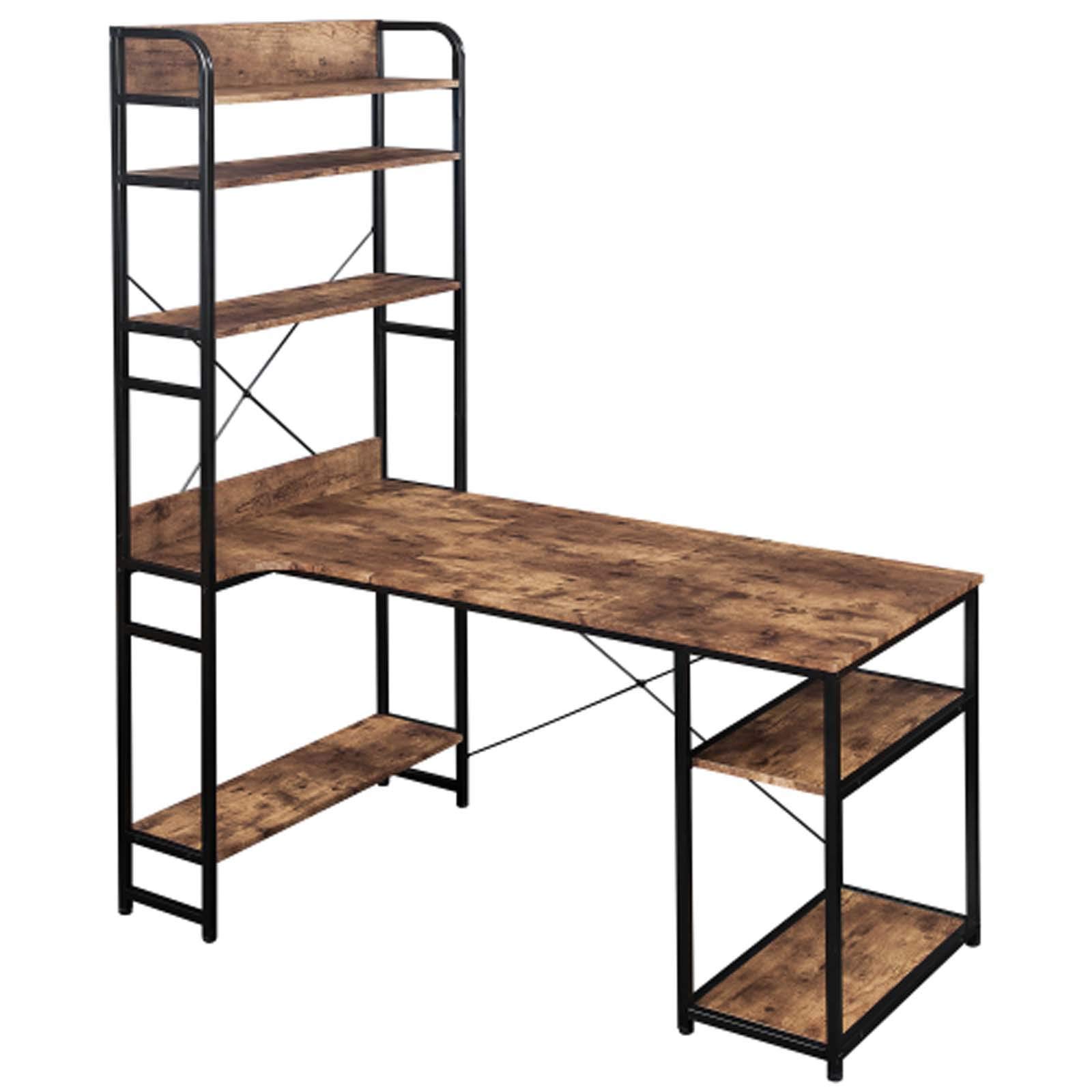 Wooden Computer Desk with Bookshelf - Office & Laptop Workstation for Home (Brown)