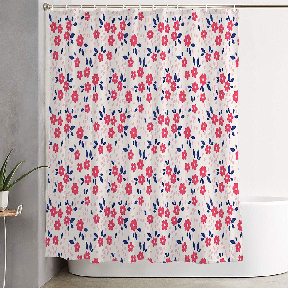 Waterproof Fabric Bathroom Shower Curtain Set with Hooks - 72×78 Inches, Red Tiny Floral Pattern, Botanical Chamomile & Daisy Design for Bathroom Decor | Perfect for Modern, Vintage or Boho Style Homes