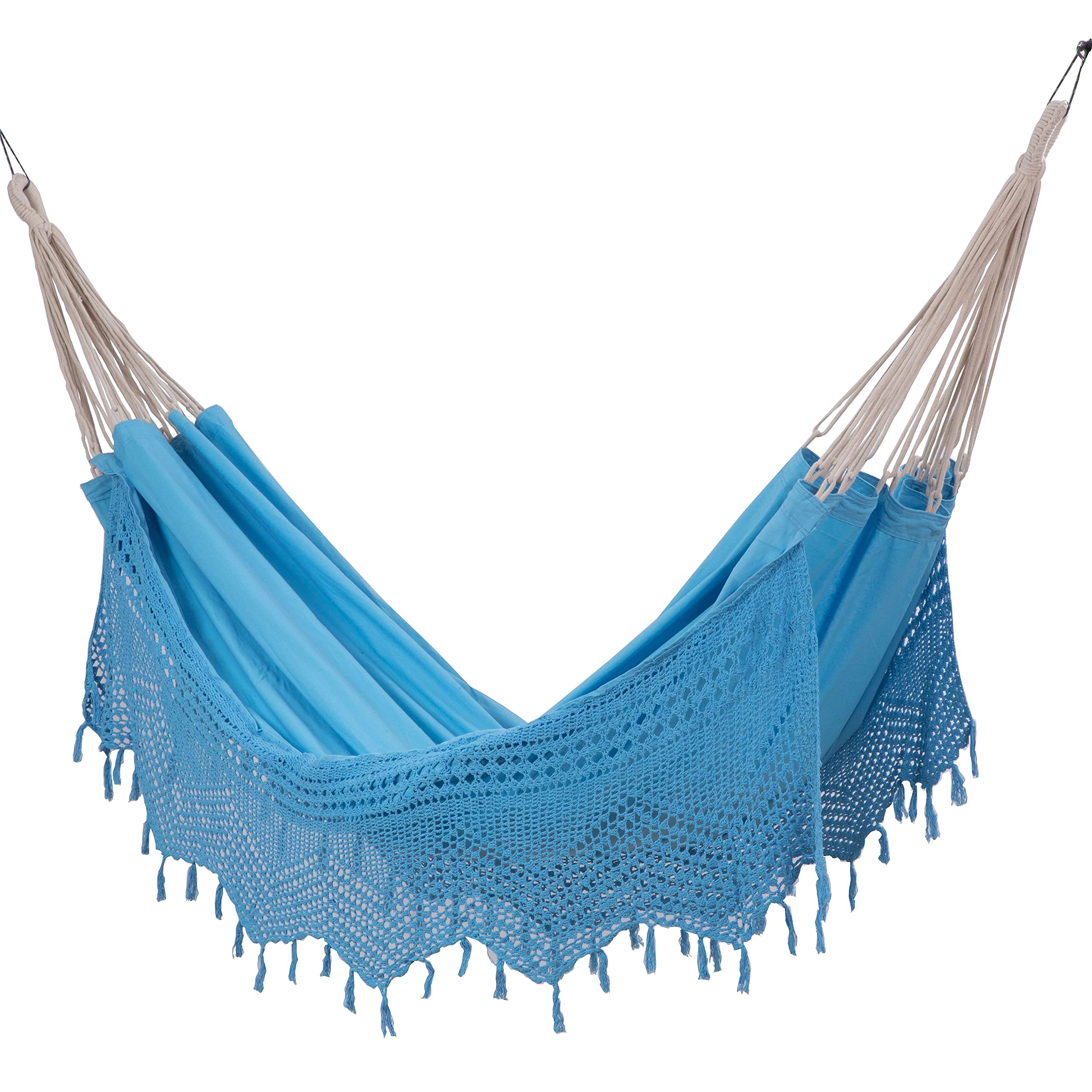 Bahia Brazilian Double Hammock - Handwoven Cotton Crochet Patio Swing for 2 People - Indoor/Outdoor Use in Backyard, Porch, Garden & Beach - Blue Mayan Hammock for Relaxation & Decor