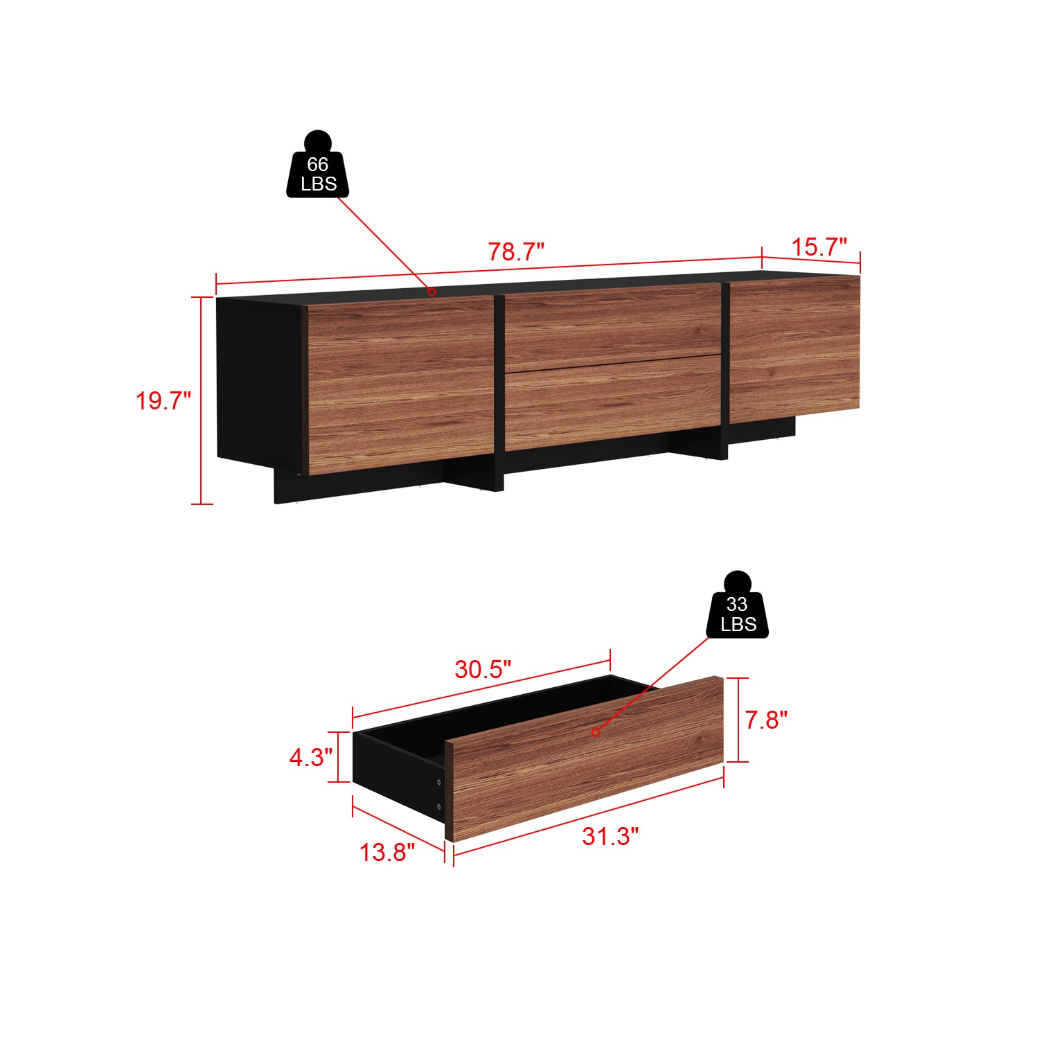 Modern TV Stand with 2 Wood Grain Drawers & Outward Opening Doors - 78.7