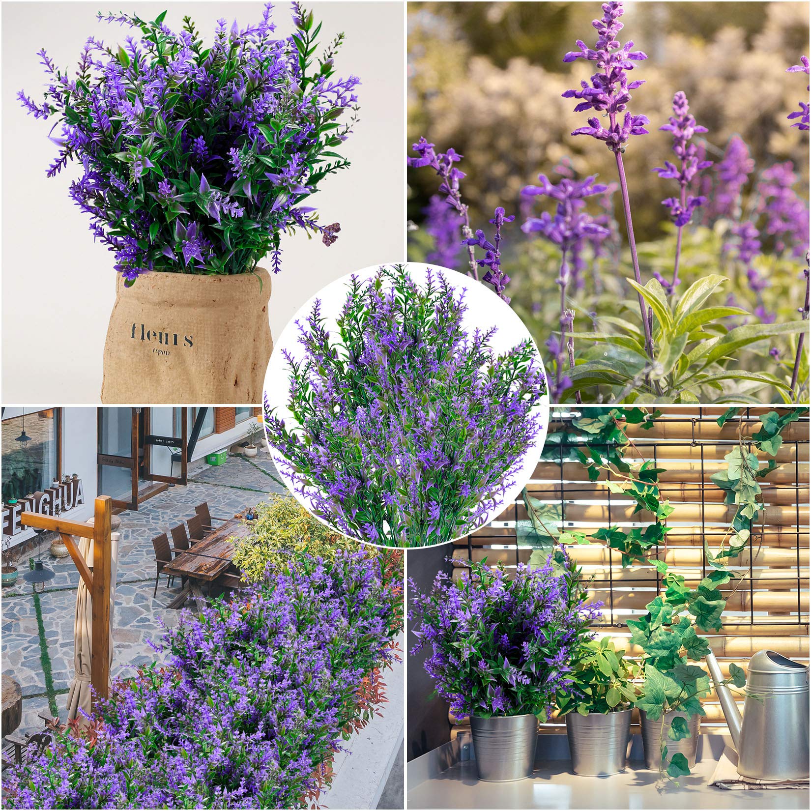 EverJoice 6 Pcs Artificial Lavender Flowers - UV Resistant Faux Plants Bouquets for Indoor Outdoor Decor | Home Garden Wedding Office Party Decorations (Purple)