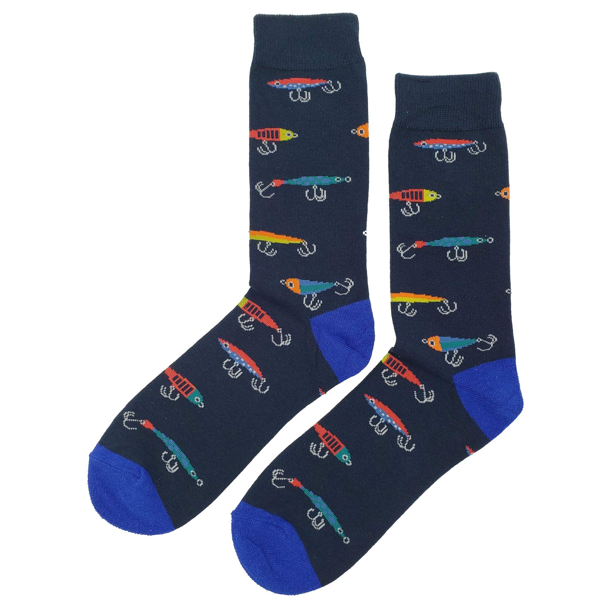 **Funny Fishing Lure Novelty Socks for Men - Colorful Crazy Fun Design, Cotton Crew Socks Size 8-12 - Perfect Gift for Anglers & Outdoor Enthusiasts (Great for Fishing Trips, Gag Gifts & Casual Wear)**