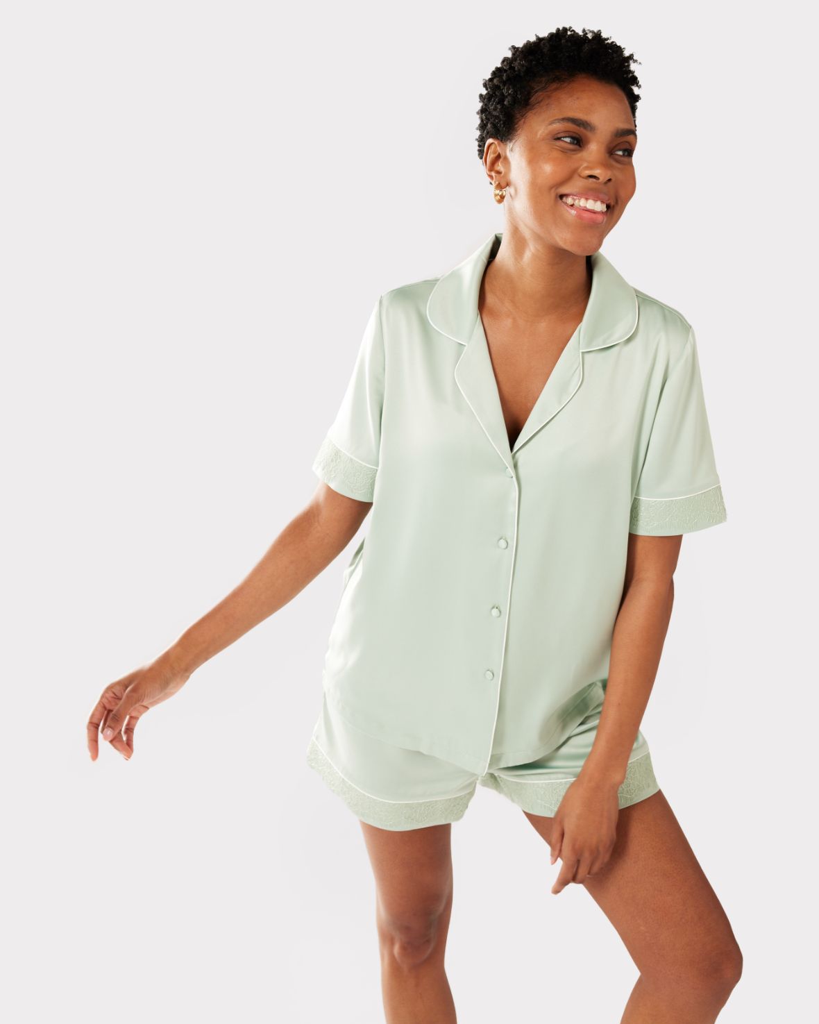 Satin Lace Trim Short Pajama Set for Women - Comfortable Sleepwear Lounge Set in Sage Green - Perfect for Nightwear, Relaxing at Home & Gift Giving