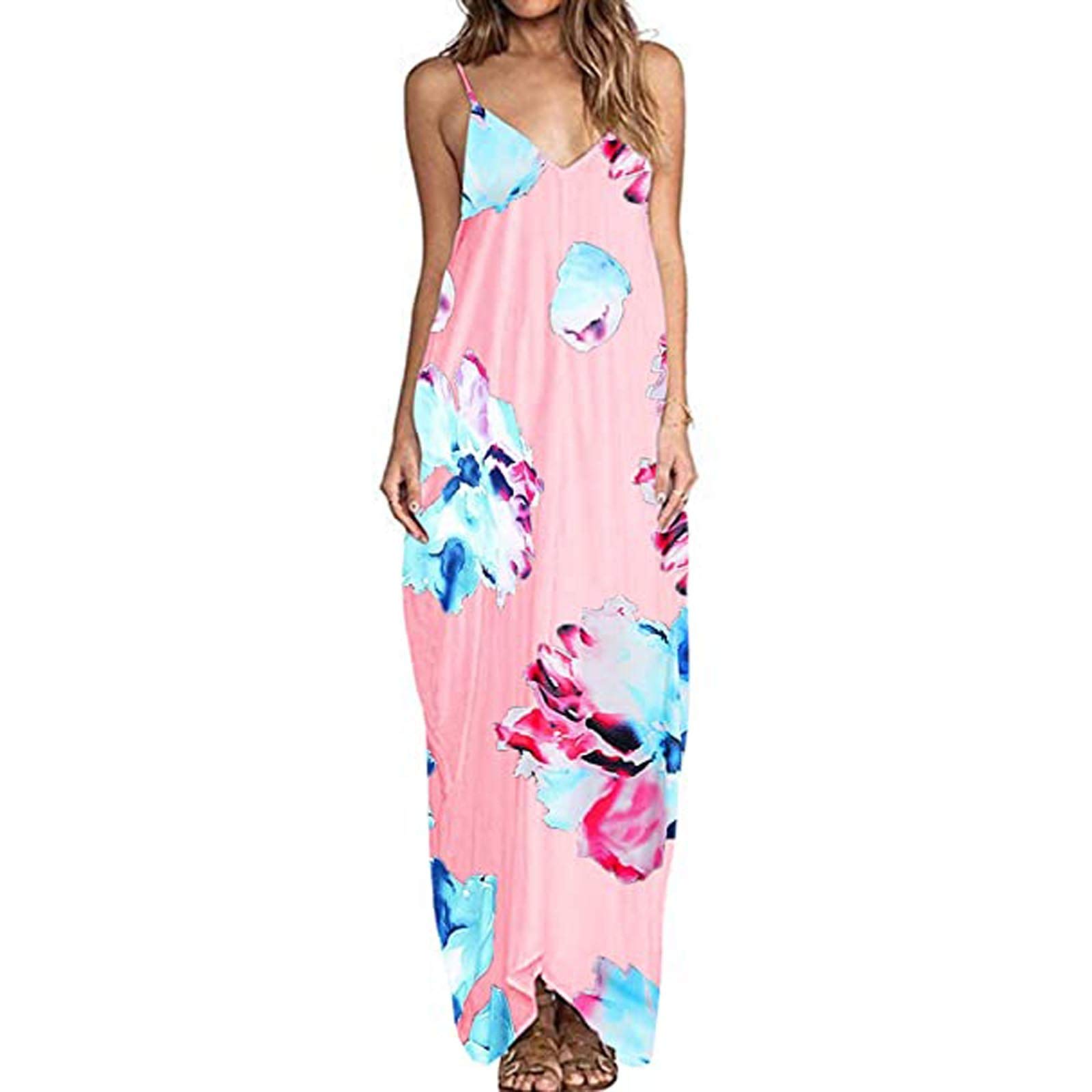 Masbird Women's Floral Print Maxi Dress - Sexy Summer Casual Sleeveless Plus Size Long Dress with Pockets | Perfect for Beach Vacations, Date Nights & Outdoor Parties