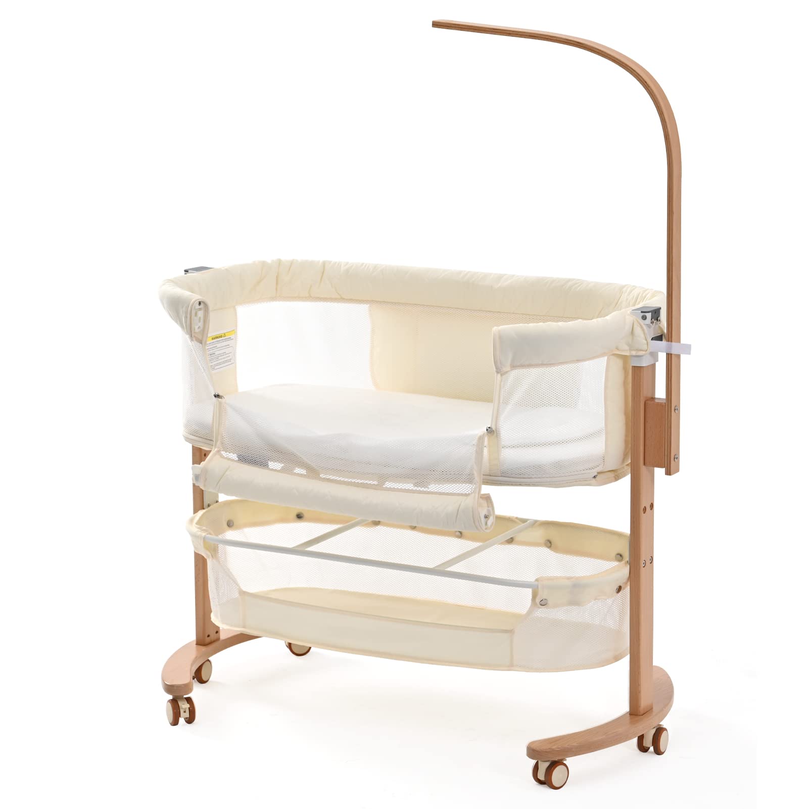 YOLEO Adjustable Baby Bassinet Bedside Sleeper with Mattress, Mosquito Net & Storage Wheels - Portable Infant Crib for Newborns up to 18 Months (Beige) | Perfect for Nursery, Bedroom & Travel