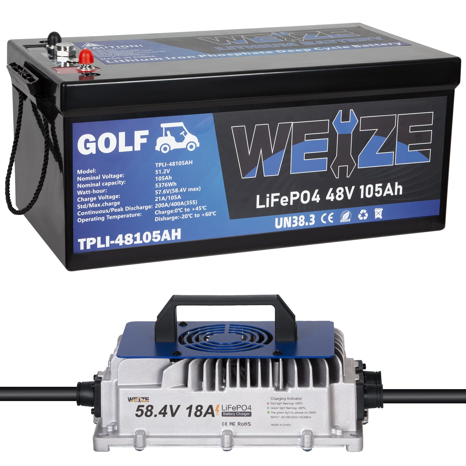 WEIZE 48V 105Ah LiFePO4 Deep Cycle Golf Cart Battery - 5376Wh Bluetooth Lithium Battery with 8000+ Cycles, 200A BMS & 10 Year Warranty - Includes Fast Charger for Golf Carts, RVs, Marine & Solar Power Systems