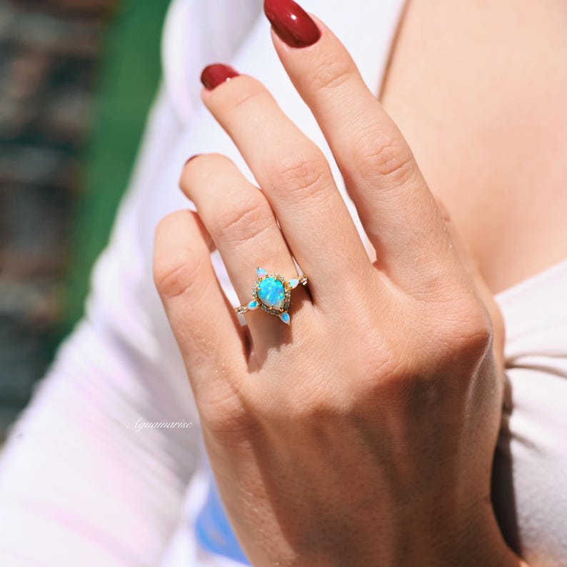 Blue Fire Opal Engagement Ring - 14K Yellow Gold Vermeil for Women | Elegant Wedding, Anniversary & Promise Ring | Perfect for Proposals & Special Occasions