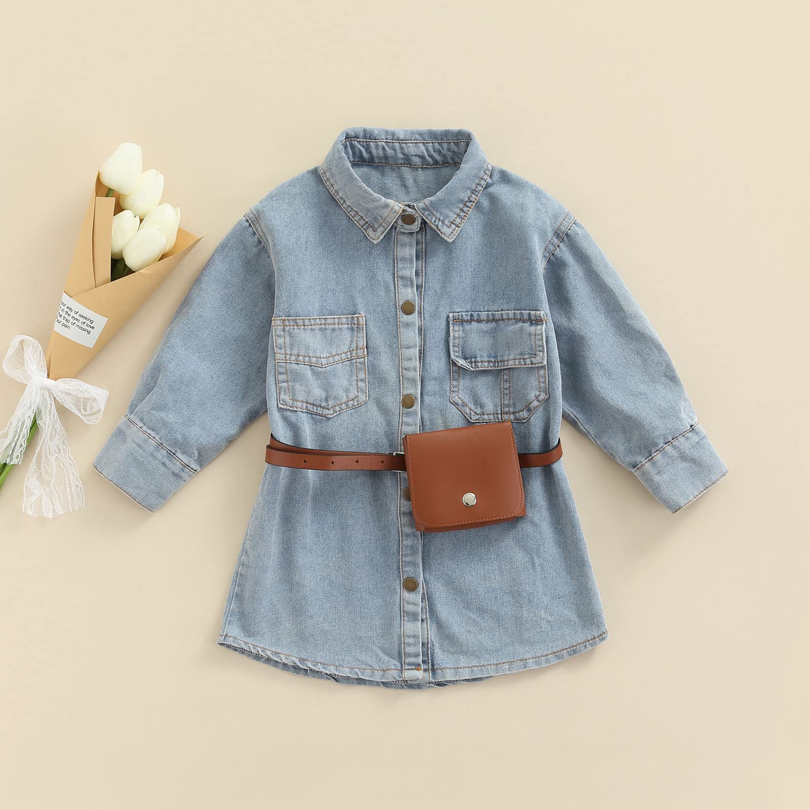 Little Girl Long Sleeve Denim Dress with Lapel Snap Placket - Casual Jean Dresses for Spring Summer Autumn - Perfect for Playdates, School & Family Outings