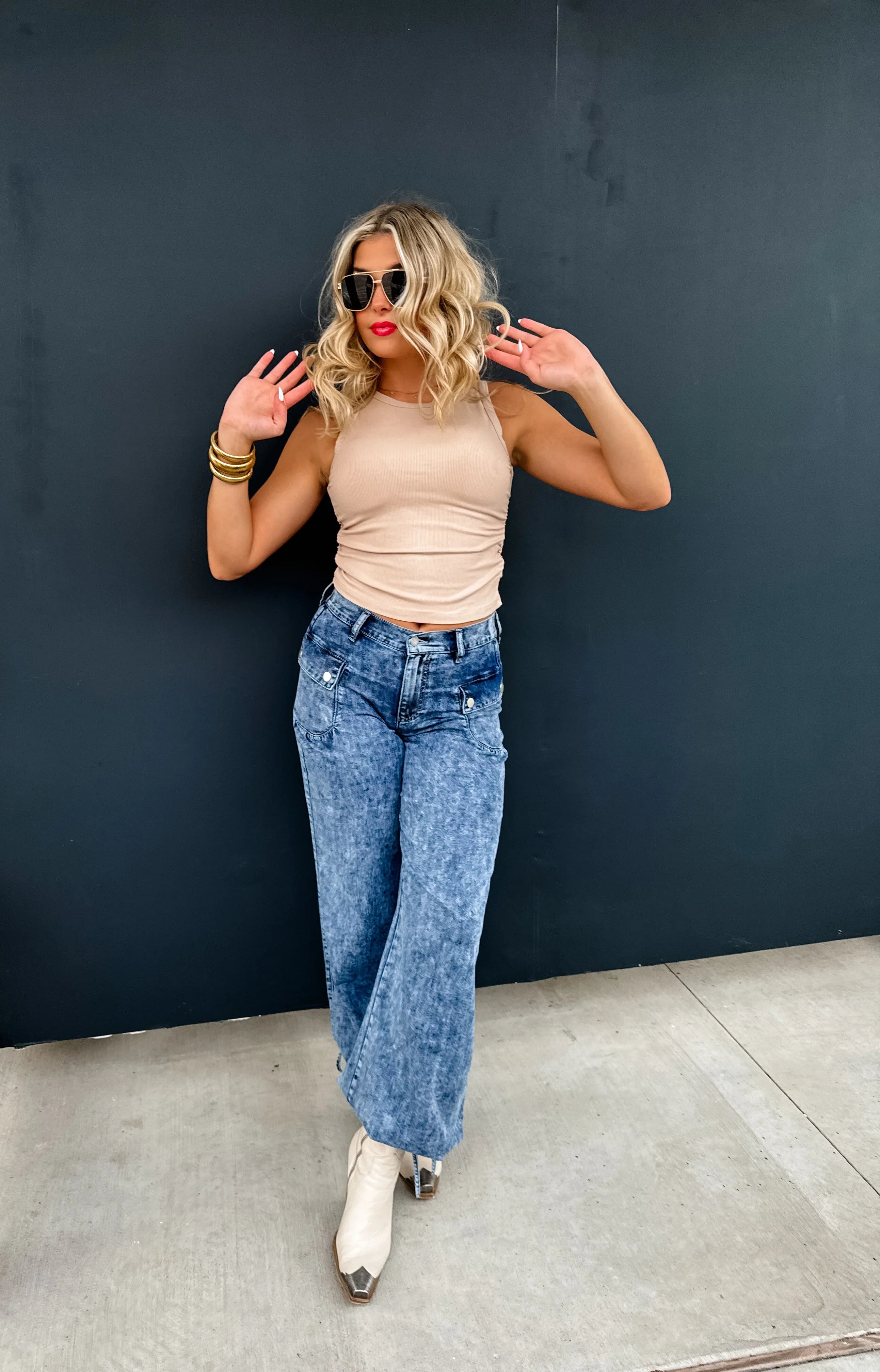 PREORDER: Charlie Cinch Hem Wide Leg Jeans - High Waist Stretch Denim Pants for Women | Casual & Chic Outfit for Everyday Wear