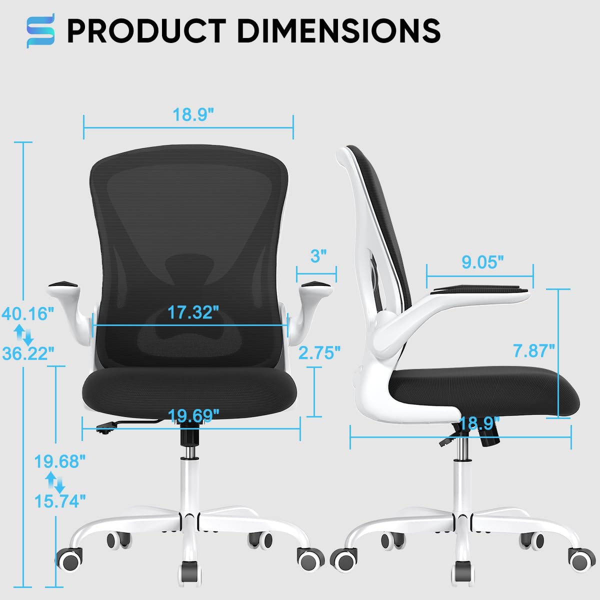 Ergonomic Office Chair with Flip-Up Arms & Lumbar Support - Breathable Mesh Desk Chair with Padded Seat for Home & Office Workspace (White) - Perfect for Long Hours of Computer Work, Gaming, and Remote Working
