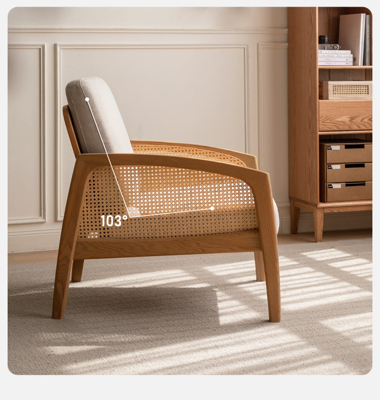 Solid Oak Wood Armchair with Milky Skin Tone Finish and Rattan Accents - Perfect for Living Room, Bedroom, or Office Decor