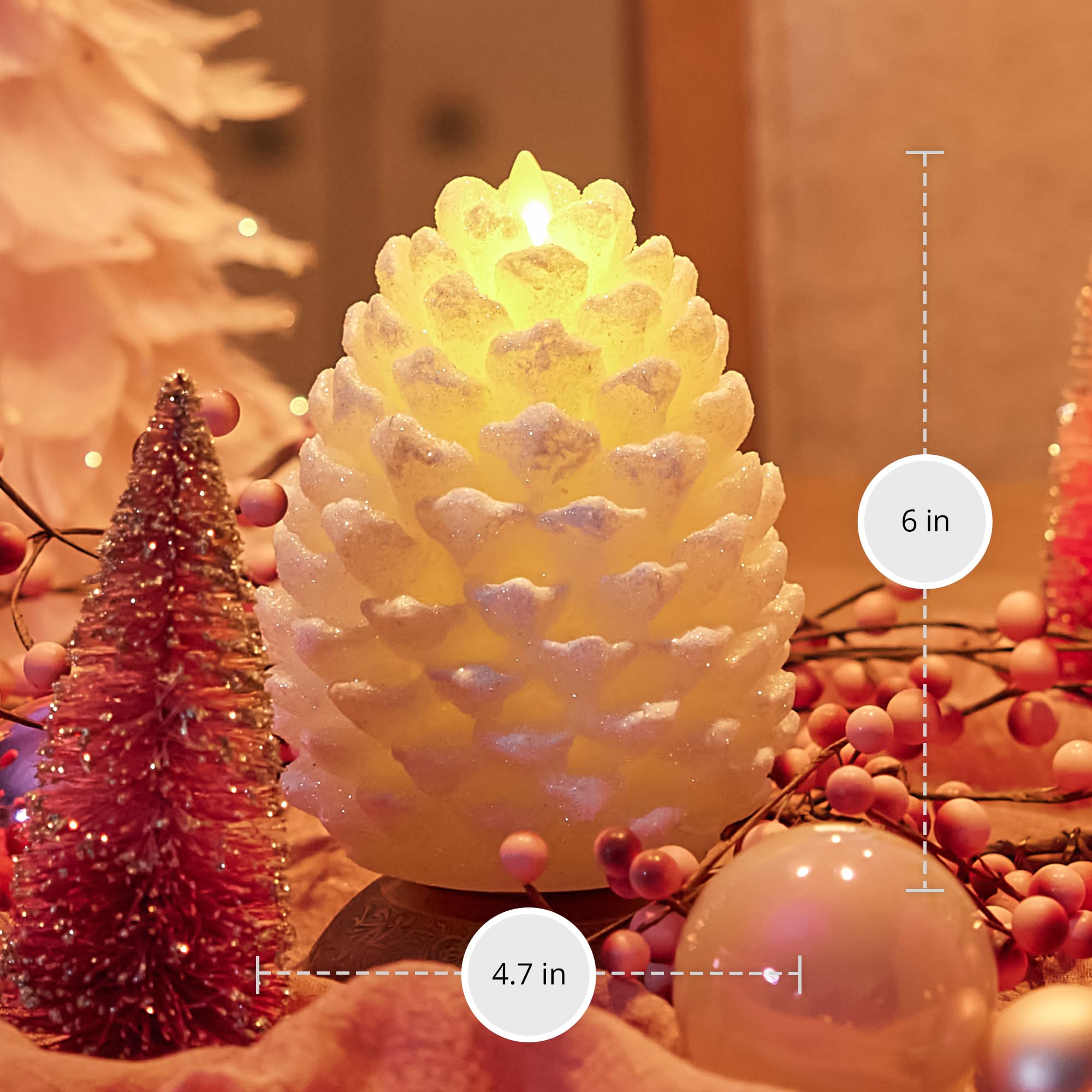 Luminara Flameless LED Candle - White Swan Glitter Pinecone Design with Snow Finish, Real Wax Unscented, Battery Operated with Timer, 4.7