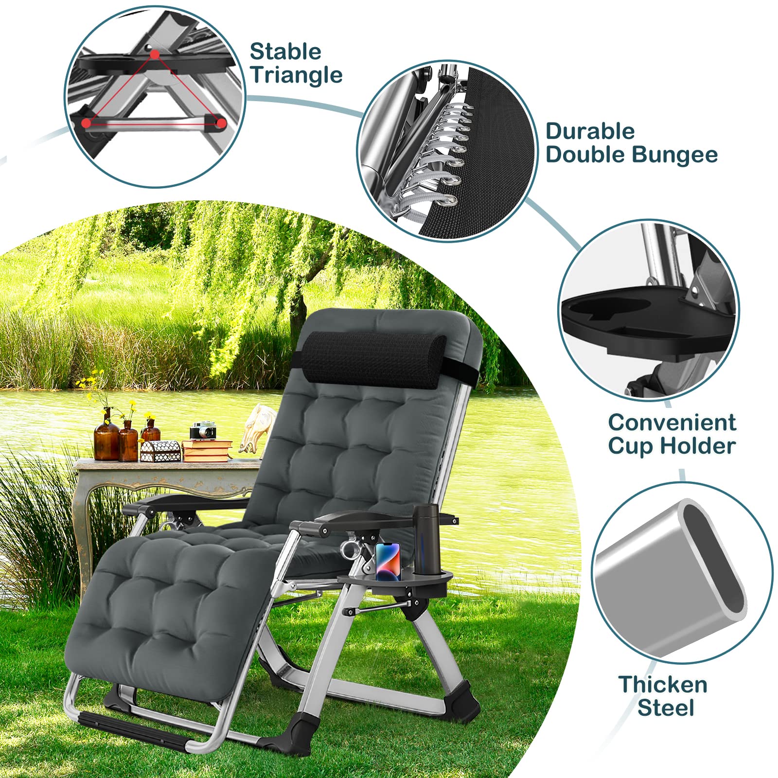 NAIZEA Zero Gravity Lounge Chair - Adjustable Folding Recliner with Cup Holder, Ergonomic Patio Chair for Indoor & Outdoor Use - Perfect for Backyard, Poolside, Camping and Relaxation