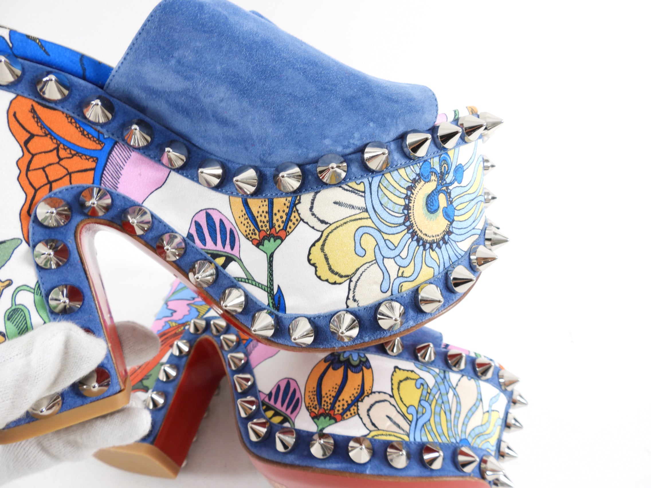 Christian Louboutin Blue Suede Spike Accent Platform Mules Size 37 - Luxury High Heel Sandals for Women, Perfect for Parties & Evening Events
