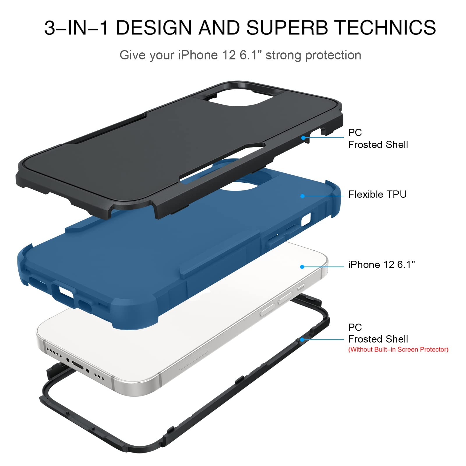 Premium Heavy Duty 3-in-1 Shockproof iPhone 12/12 Pro Case - Rugged Non-Slip Full Body Protection with Hard PC & Soft TPU Bumper (6.1 Inch) | Ideal for Outdoor, Work & Daily Use | Black/Navy Blue