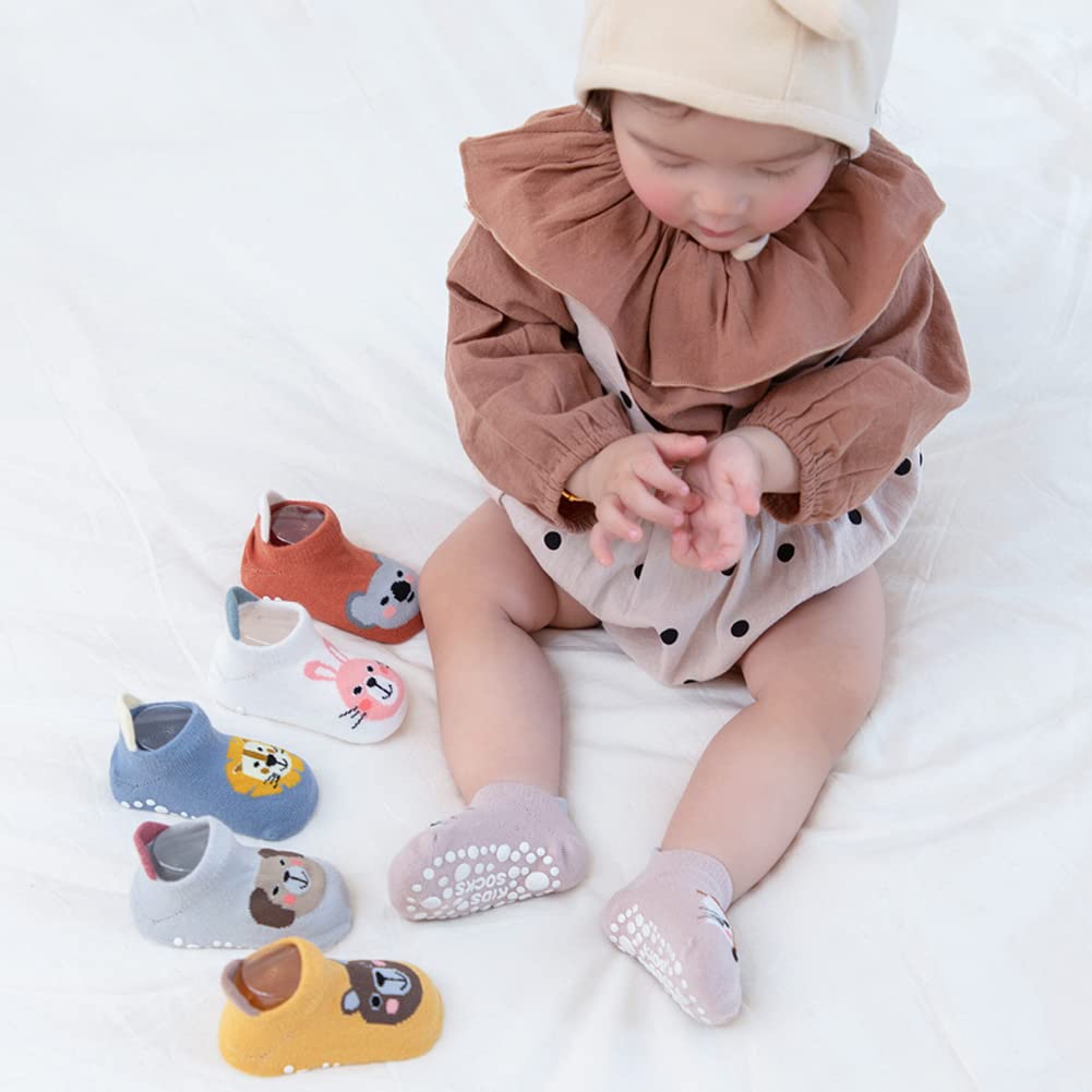 Exemaba Baby Non-Slip Grips Ankle Socks - 5 Pairs Toddler Cartoon Anti-Skid Socks for Boys & Girls - Soft Cotton Socks for Crawling, Walking & Playtime