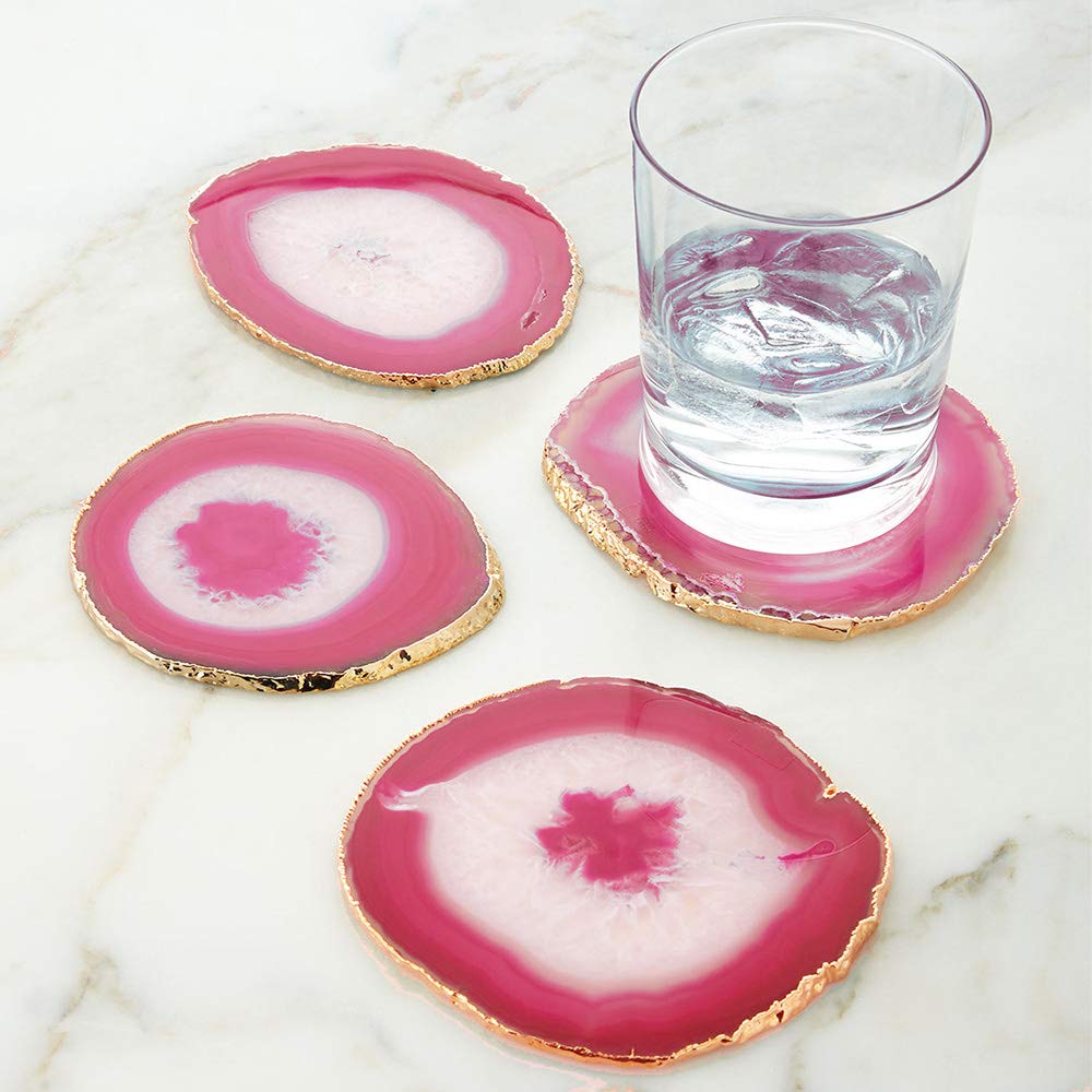 4-Piece Pink Agate Stone Coasters with Gold Trim - Elegant Table Decor for Coffee Tables, Dining Tables, and Home Styling