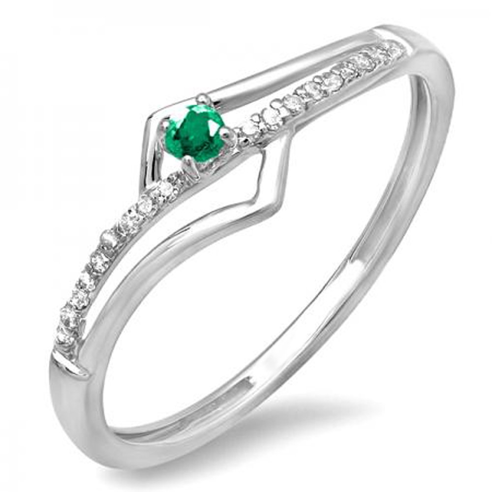 Dazzlingrock Collection 14K Solid White Gold Round Emerald & White Diamond Wave Women's Bridal Promise Engagement Ring - Perfect for Proposals, Anniversaries & Special Occasions