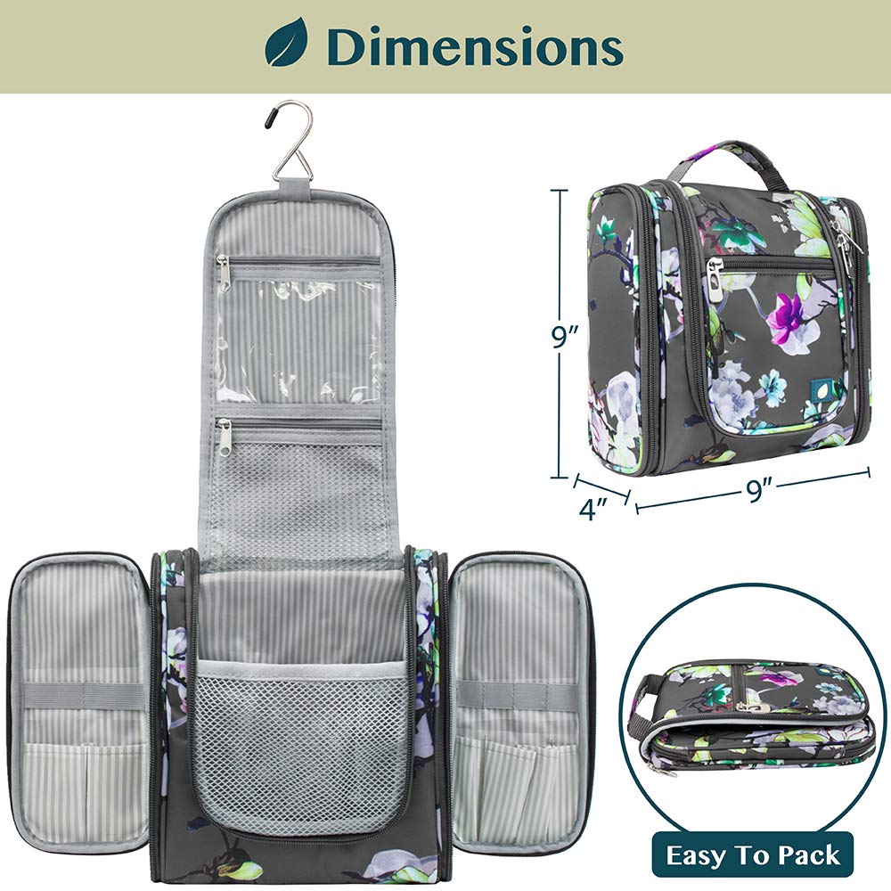 PAVILIA Hanging Toiletry Bag for Women & Men - Large Waterproof Travel Cosmetic Organizer with Multiple Pockets for Makeup, Accessories & Toiletries - Perfect for Vacation, Gym & Business Trips (Floral Grey)