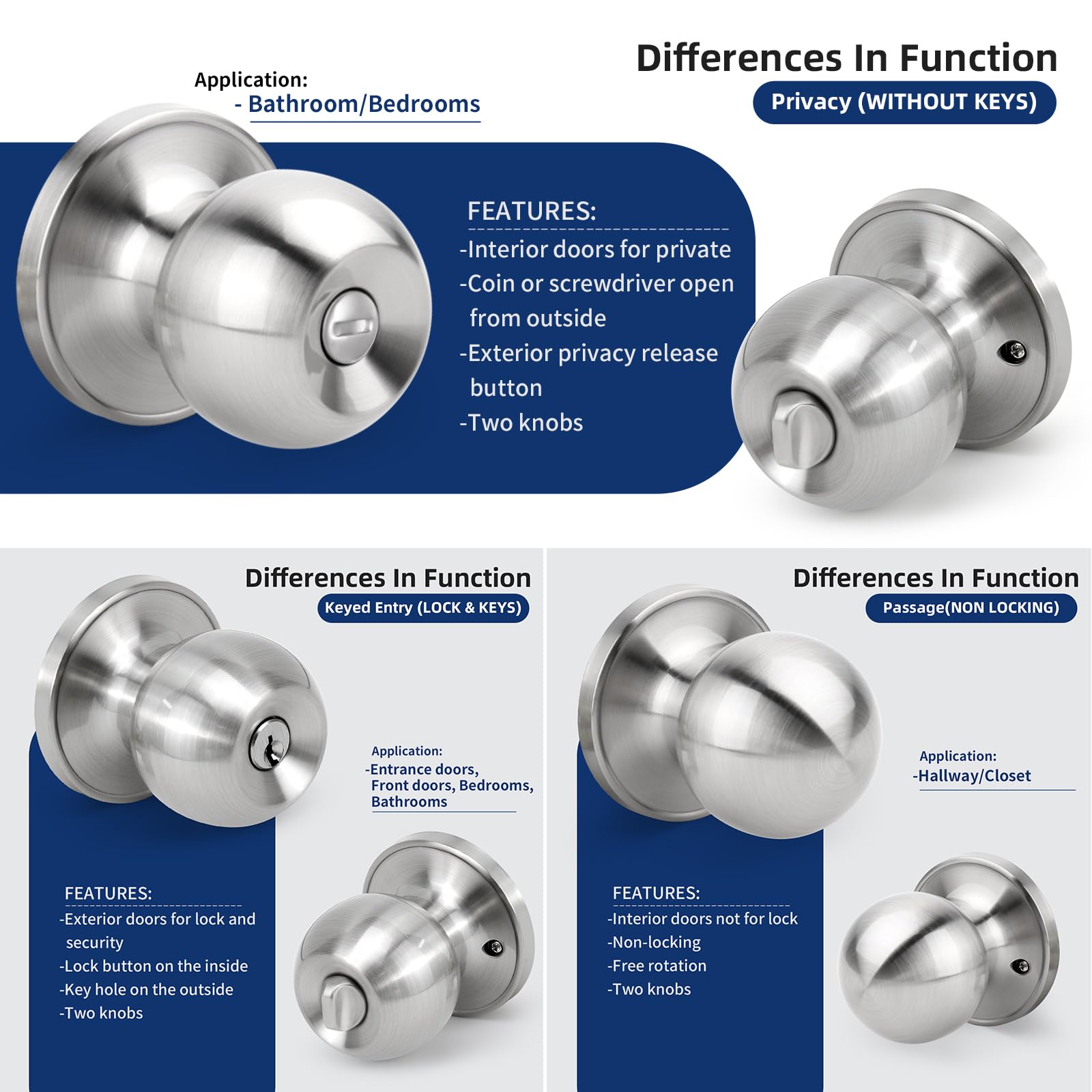 Keyless Ball Door Knob - Satin Nickel Privacy Lock for Bedroom & Bathroom - Easy Installation