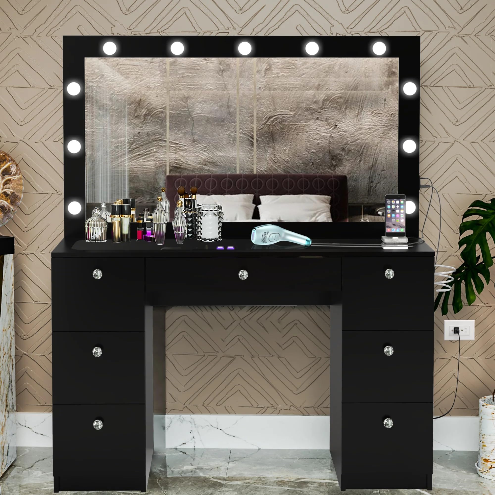 Boahaus Yara Large Makeup Vanity Desk with Hollywood Lights & 7 Drawers - USB Type-C/A Ports, 110V Outlet, Hair Dryer Hanger - Glass Top & Crystal Knobs - Black Finish for Bedroom, Dressing Room & Beauty Salon