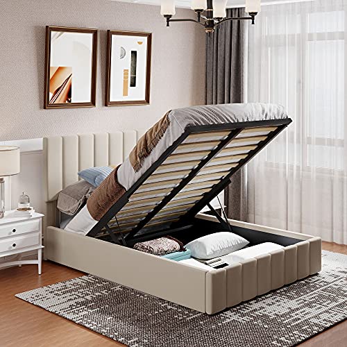 Beige-full-upholstered-under Bed Storage
