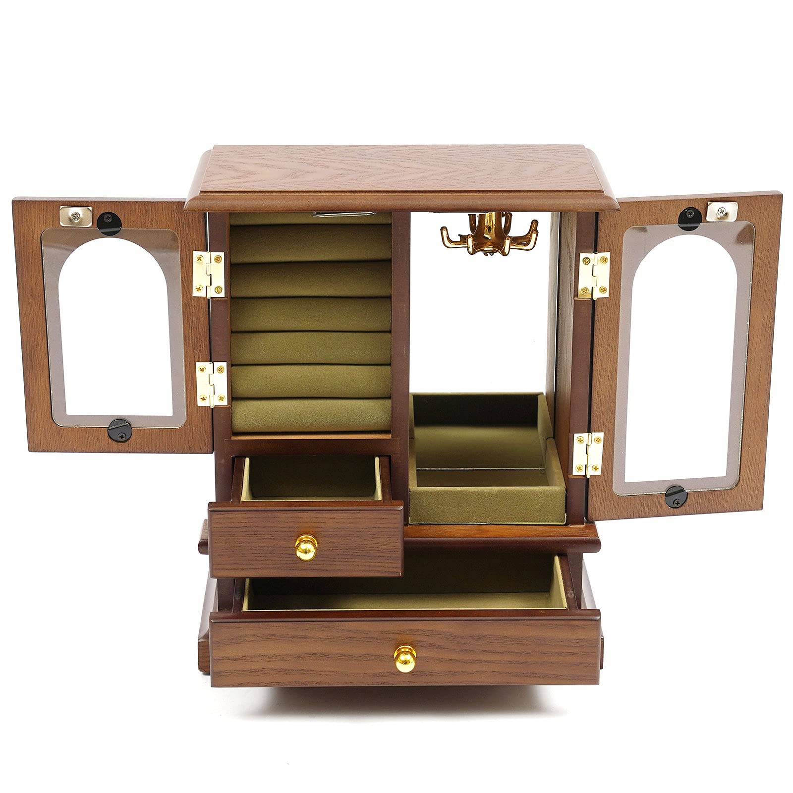 Solid Wood Jewelry Organizer Box for Women - Natural Hardwood Earring & Ring Storage Case with Vintage Oriental Design, Brown (US Stock) - Perfect for Bedroom Vanity, Travel & Gift Giving