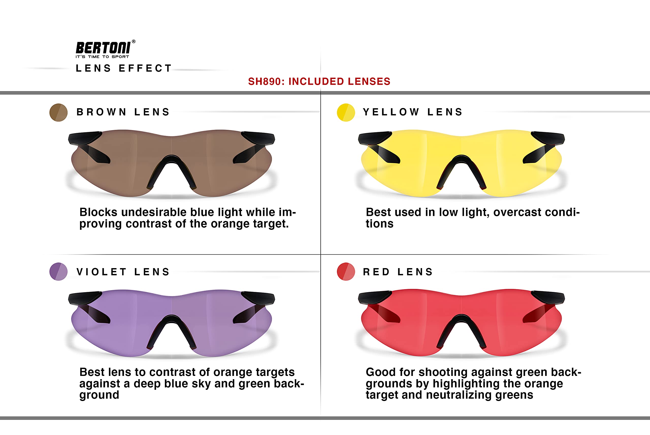 BERTONI SH890 Tactical Shooting Glasses - 4 Interchangeable Anti-Fog Lenses with Carrying Case & Extra Arms | Protective Safety Eyewear for Hunting, Range Shooting & Outdoor Sports | Made in Italy