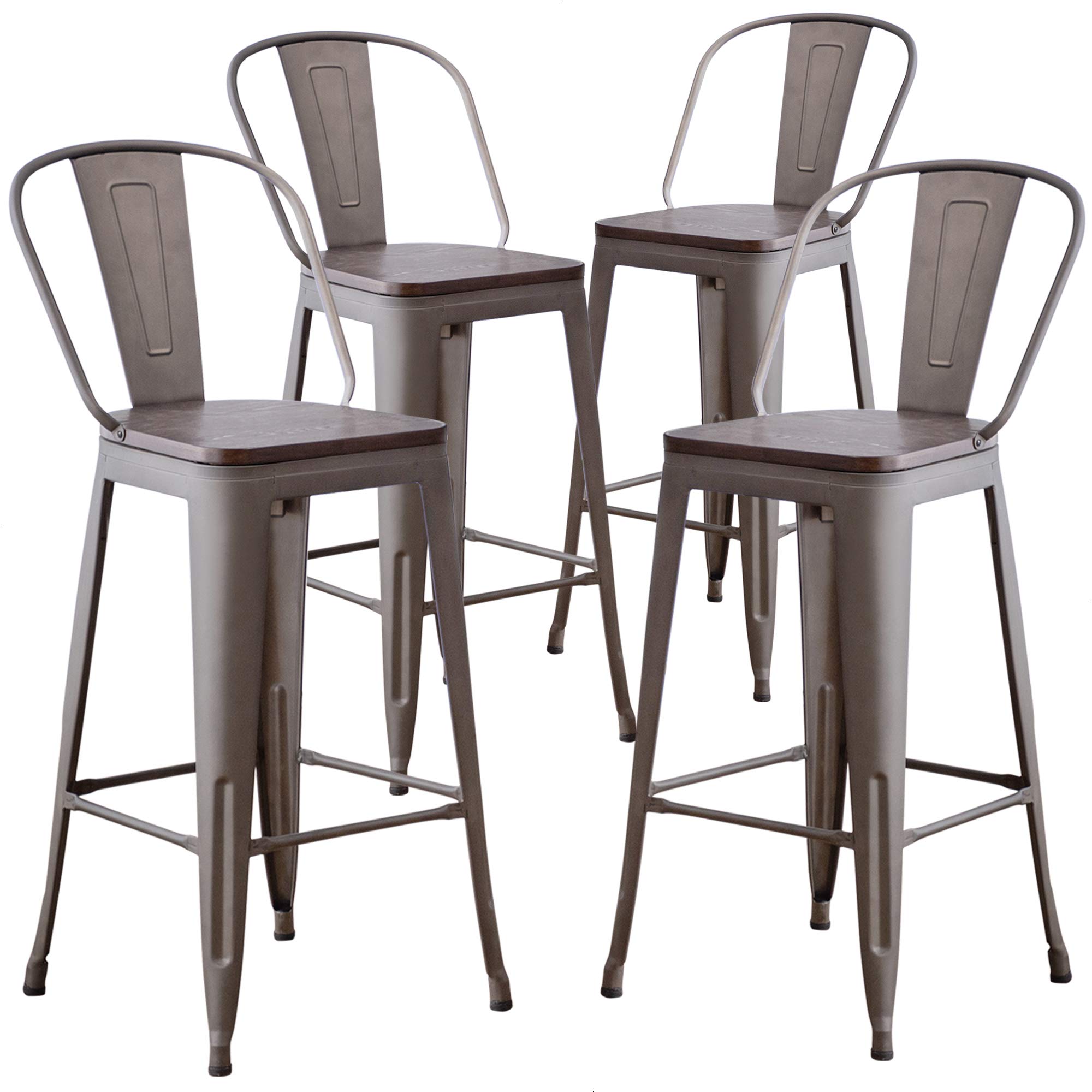 AKLAUS 30 Inch Metal Bar Stools Set of 4 - Rustic Farmhouse Bar Height Stools with Back Support & Wide Seat - Modern Kitchen & Dining Chairs for Home, Cafe, Restaurant & Bar Use