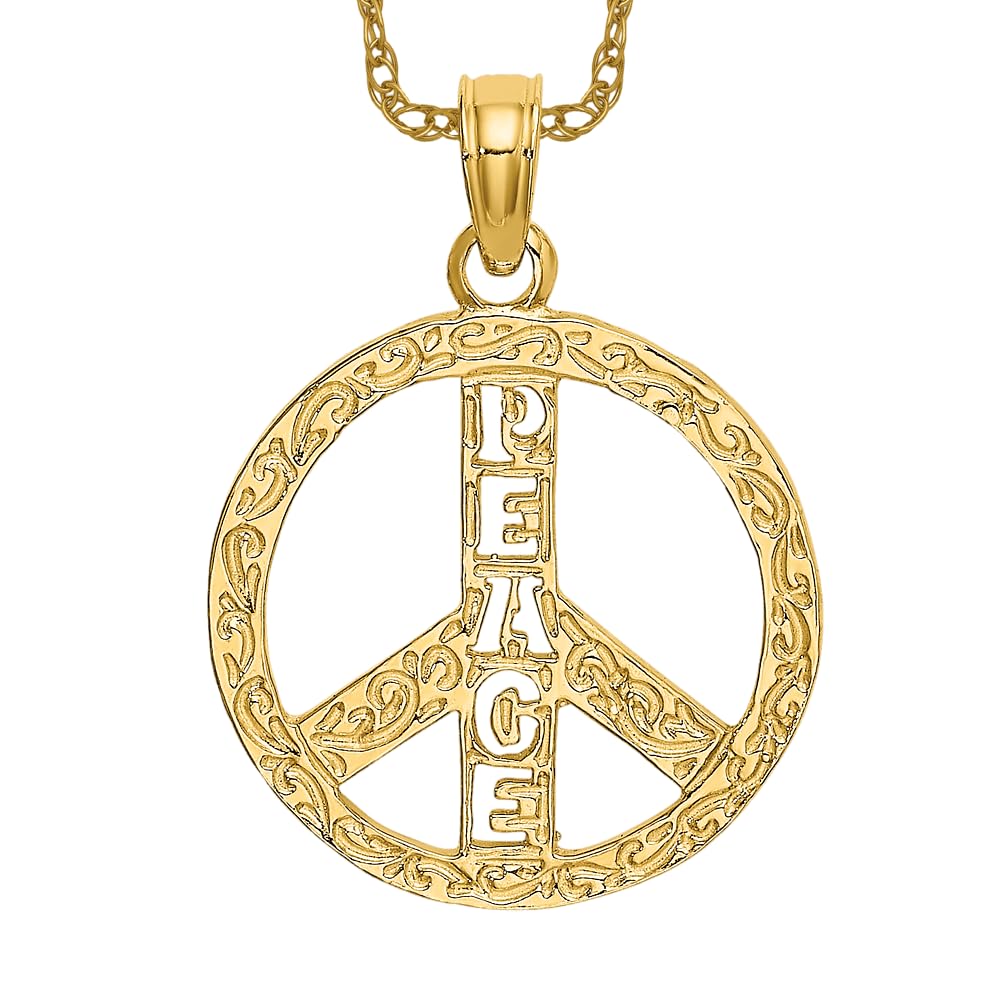 14K Solid Yellow Gold Peace Sign Necklace - Inspirational Symbol Pendant Charm for Women, Gift for Her, Hippie Jewelry for Everyday Wear & Special Occasions