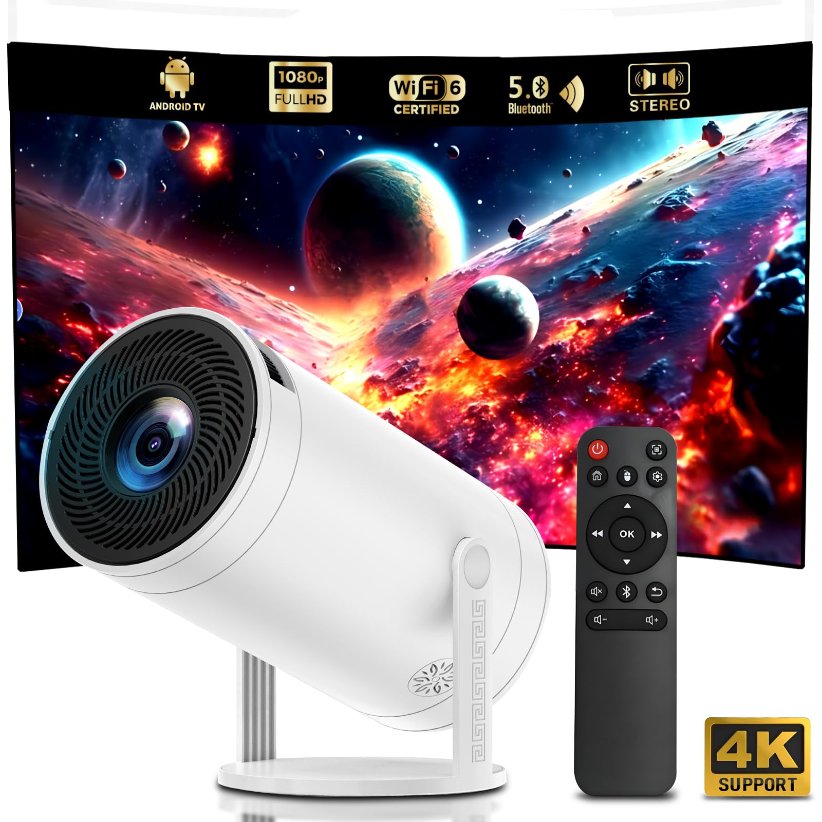 CWOWDEFU 1080P Full HD Smart WiFi Bluetooth Projector - 4K Decoding Support for Home Theater, Movie Nights & Gaming | Compatible with TV Stick, Phone Casting, HDMI & USB