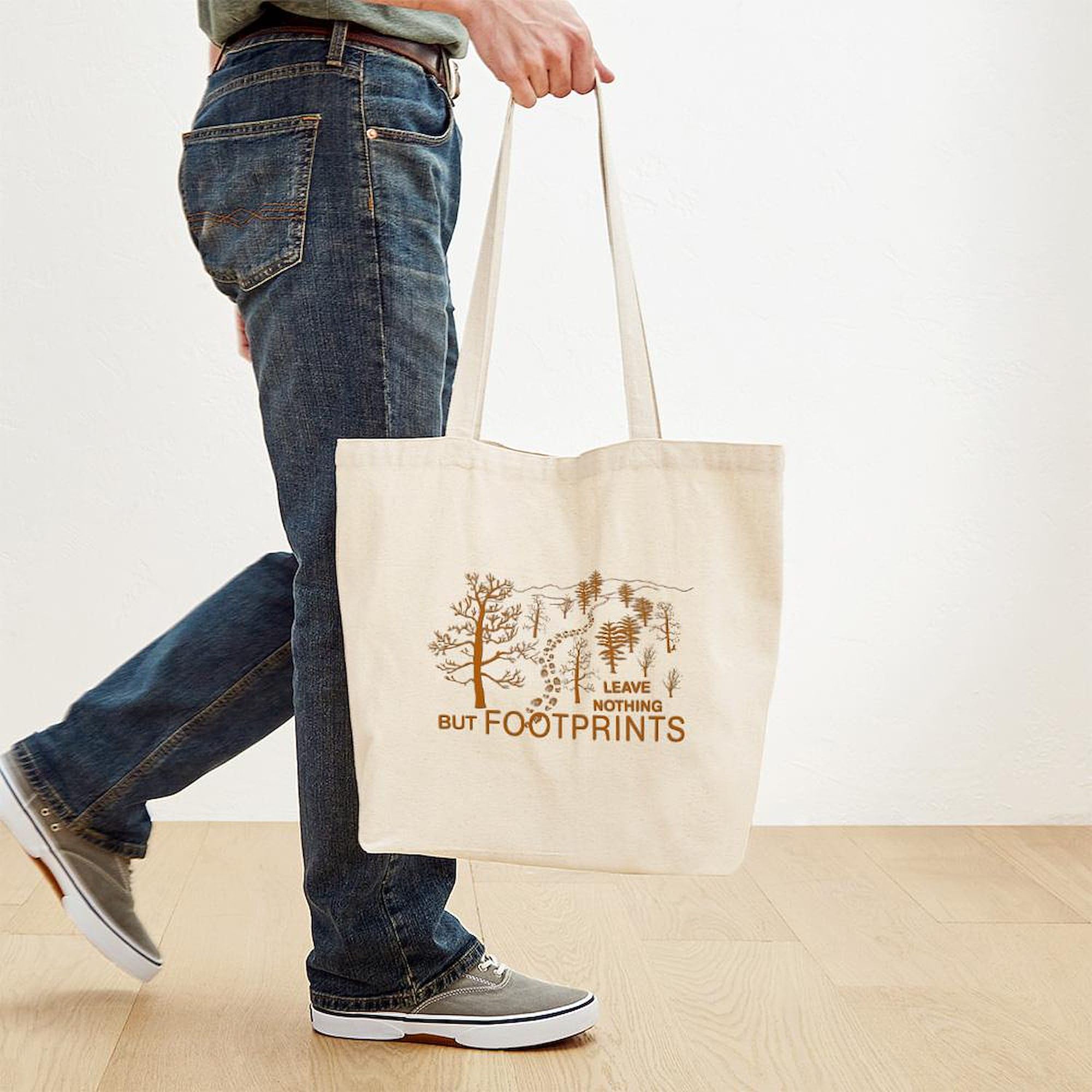 Eco-Friendly Brown Canvas Tote Bag - Reusable Natural Shopping Bag with 'Leave Nothing But Footprints' Print | Perfect for Groceries, Beach Trips & Sustainable Lifestyle