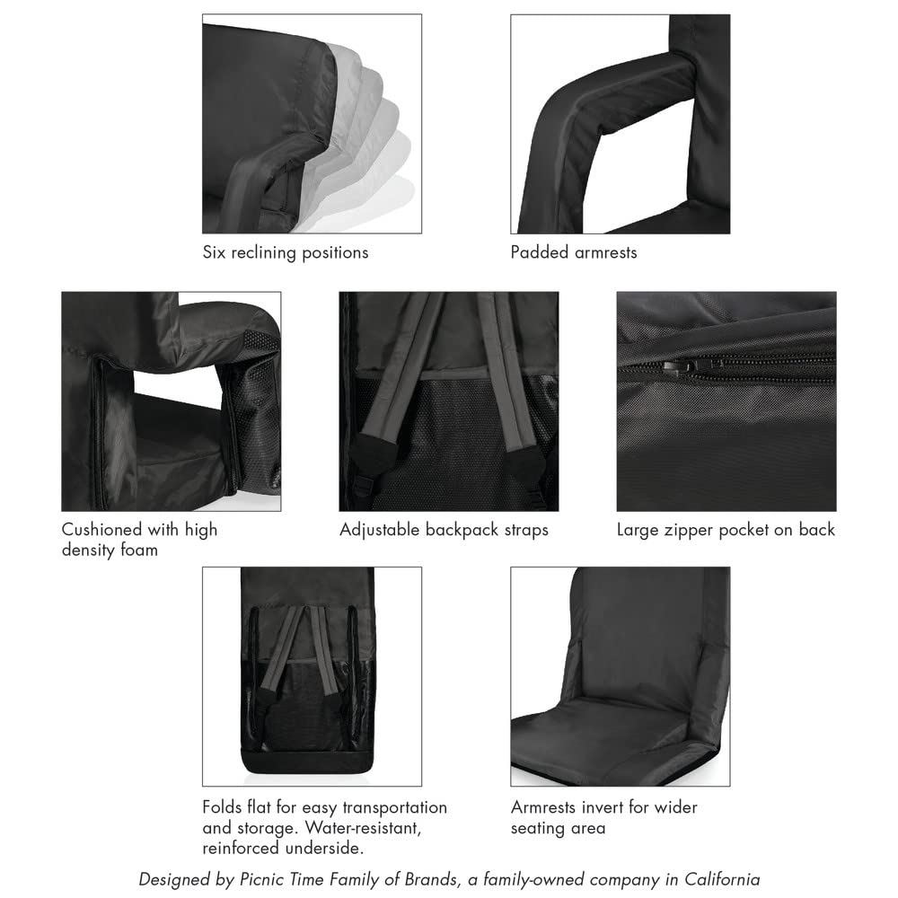 PICNIC TIME NCAA Ventura Reclining Stadium Chair - Portable Back Support Bleacher Seat for Football Games, Beach, Camping & Outdoor Events - Comfortable Floor Chair with Adjustable Recline